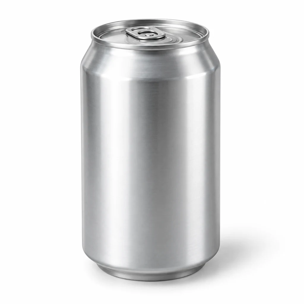 Plain aluminium beverage can, 330 ml, seen from the front