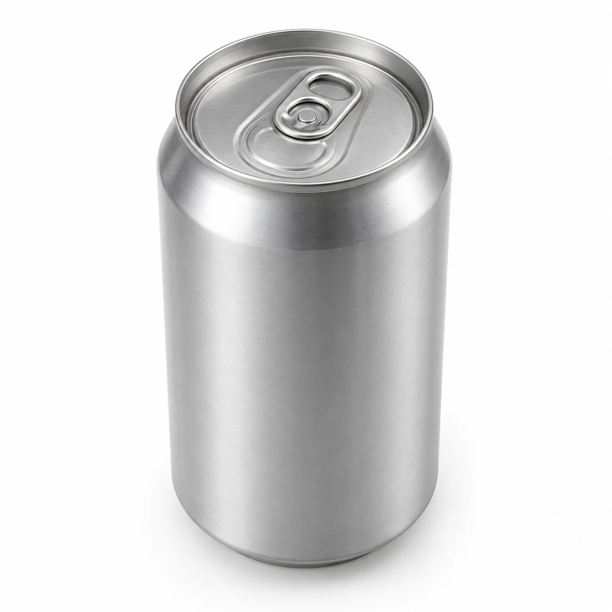 Aluminium beverage can seen from above, showing the ring-pull end
