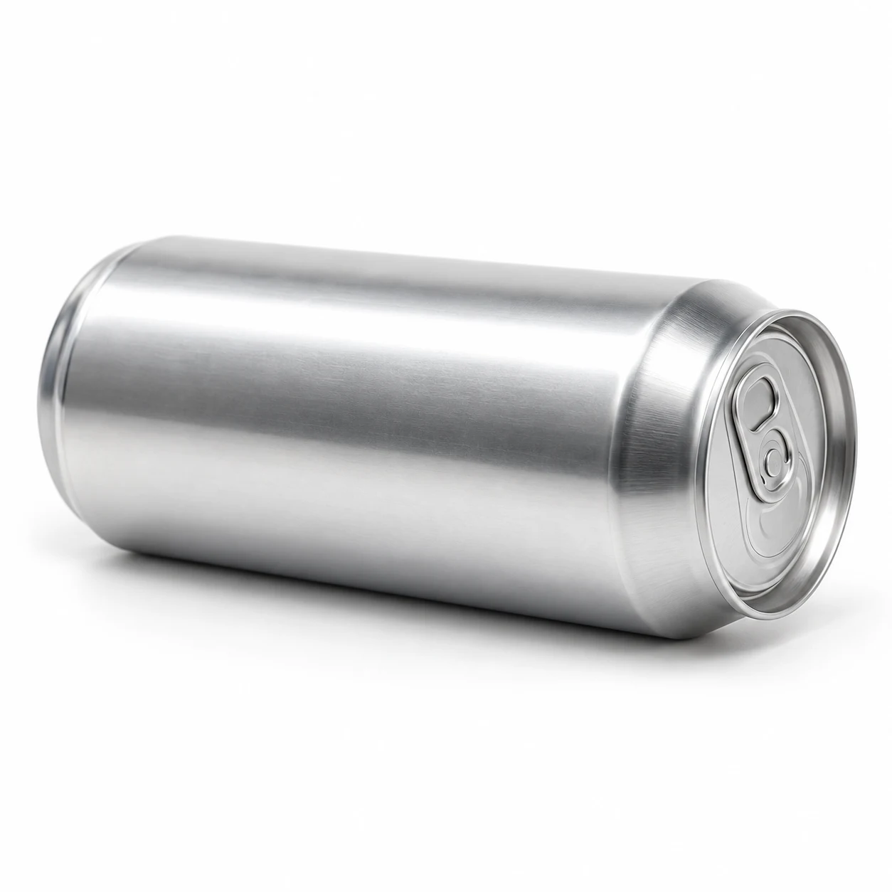 Aluminium beverage can lying on its side, showing the base and the end