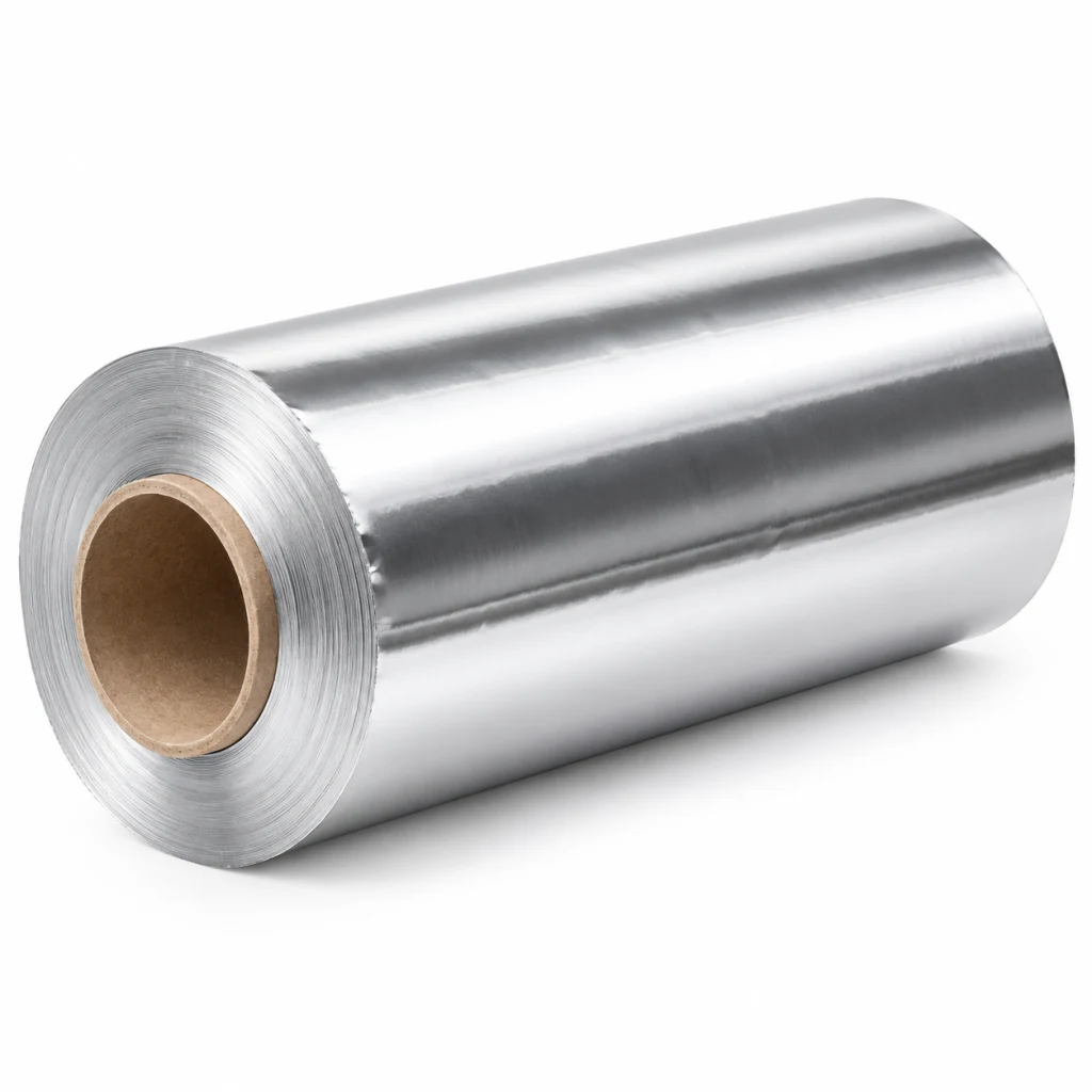 Roll of aluminium foil film lying on its side, seen from the end