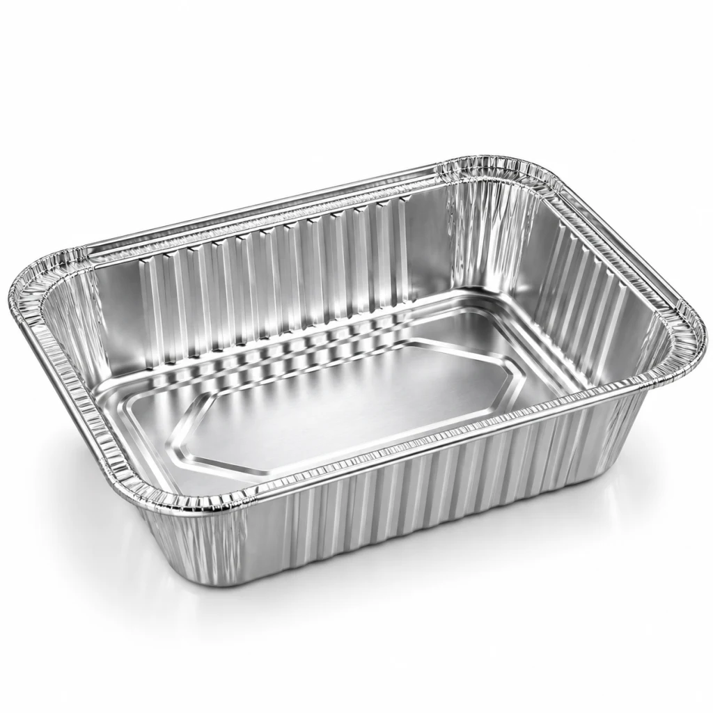 Rectangular aluminium foil tray, empty, seen from the front corner