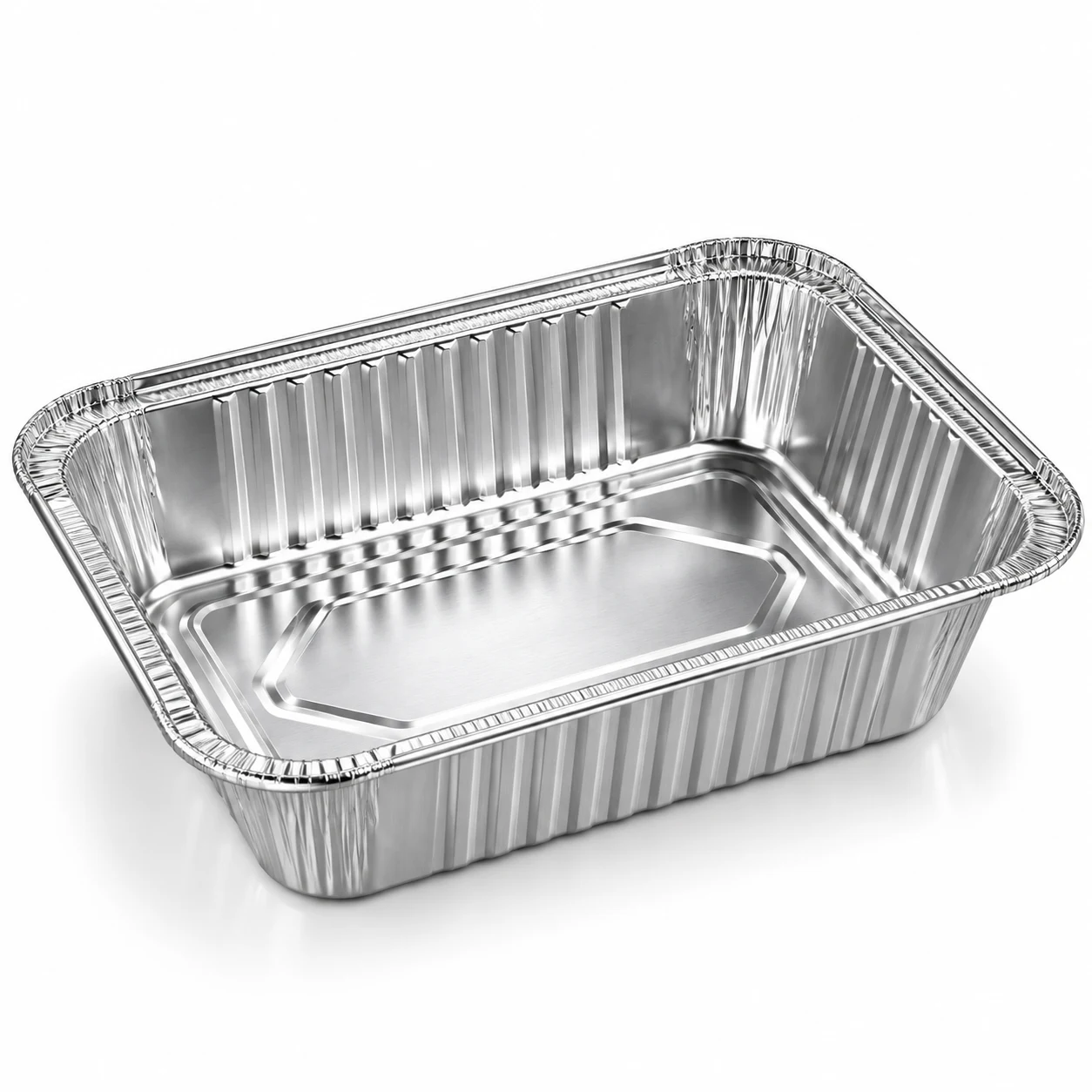 Rectangular aluminium foil tray, empty, seen from the front corner