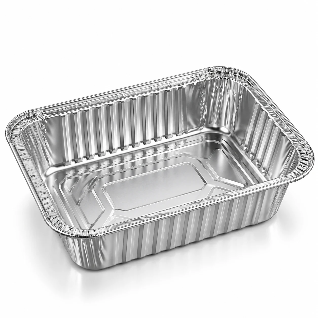 Aluminium foil tray with a ribbed wall and rolled rim, three-quarter view