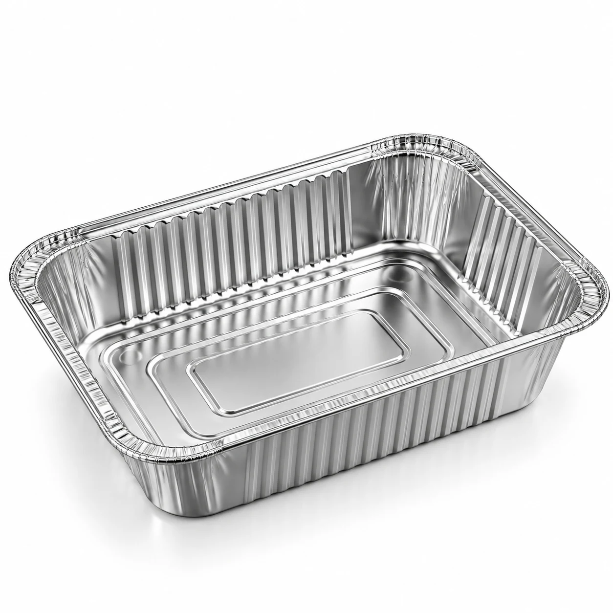 Aluminium foil tray seen straight on, showing the flat sealing rim