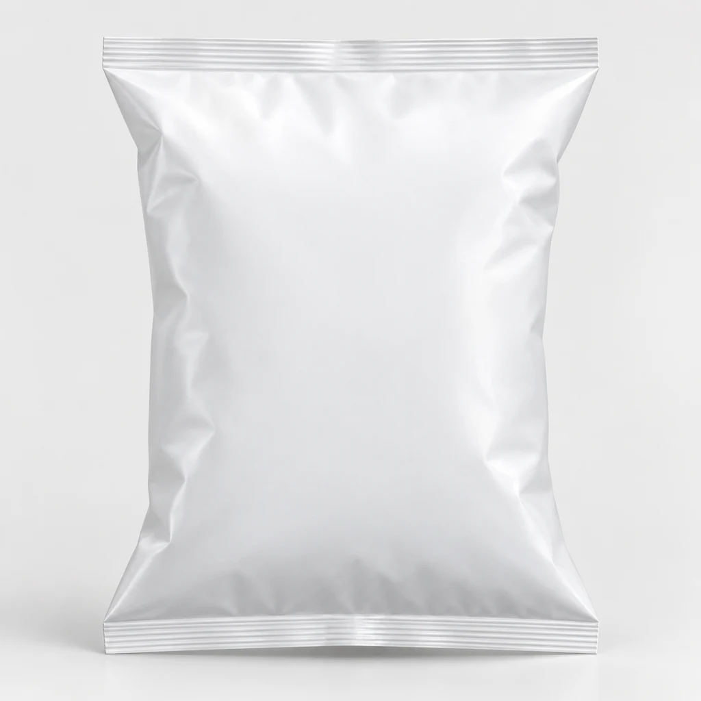 Back-seal pillow pouch in matt white film, unfilled, seen from the front