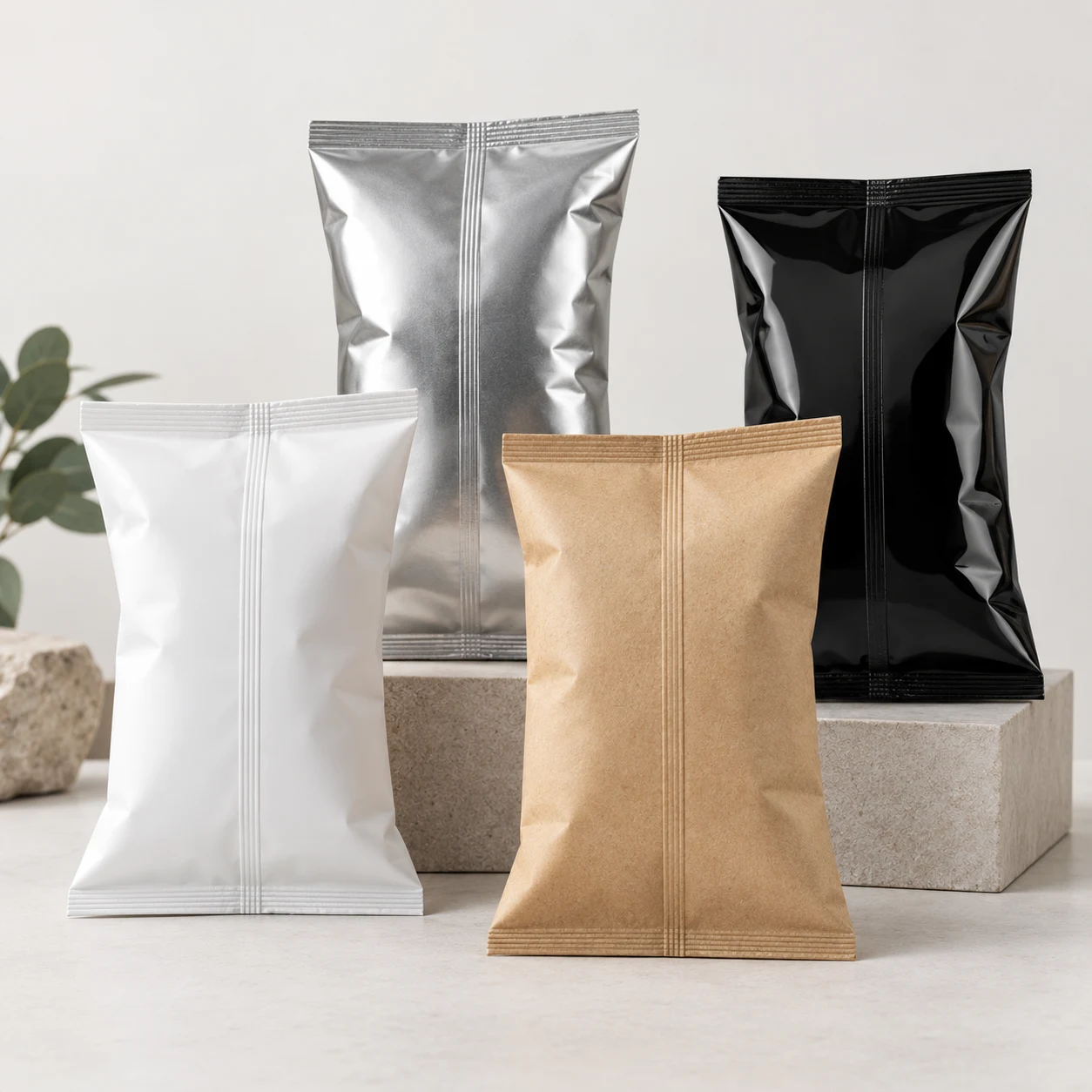 Back-seal pouches in white, silver foil, kraft paper and matt black