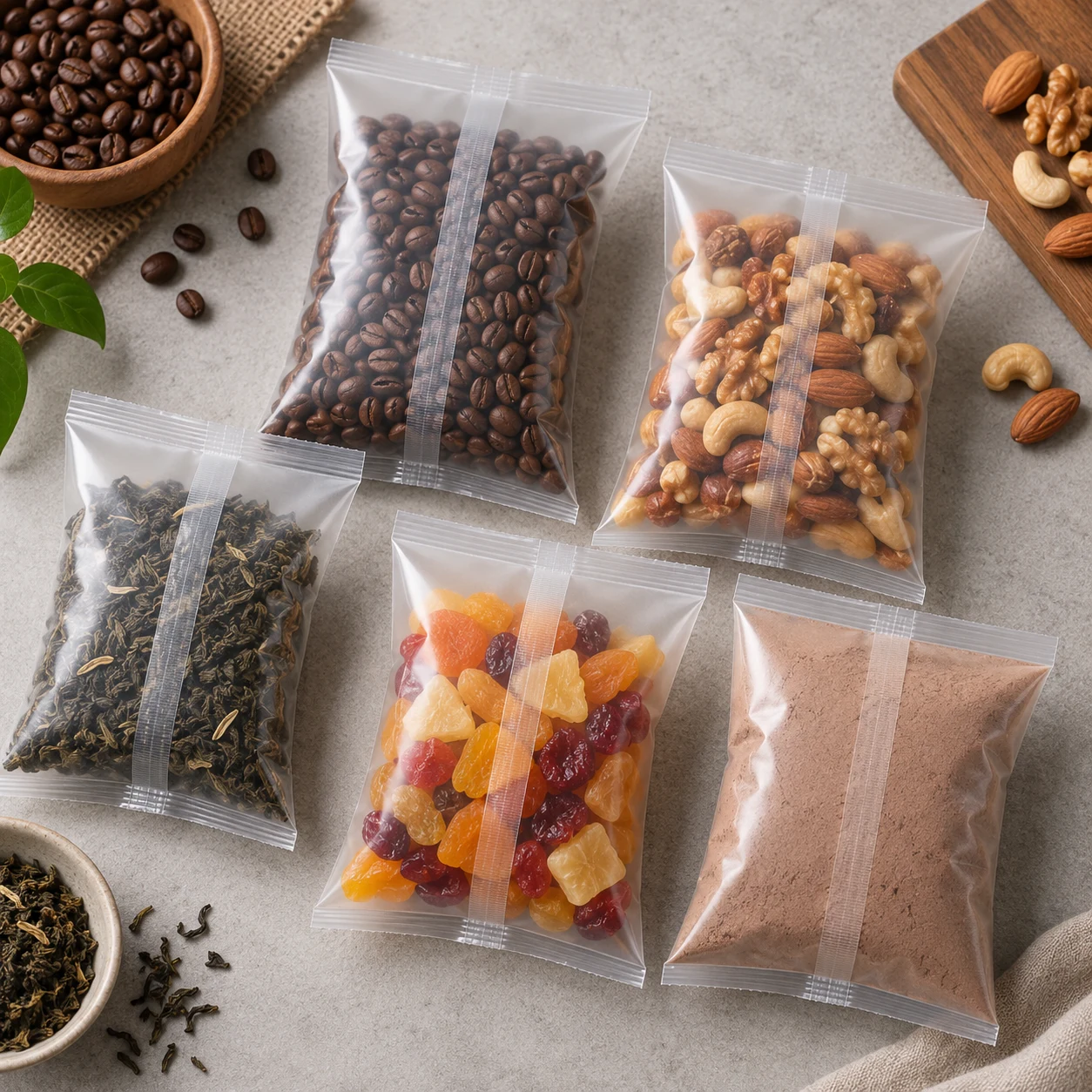 Clear back-seal pouches filled with coffee beans, mixed nuts, dried fruit, tea leaves and protein powder