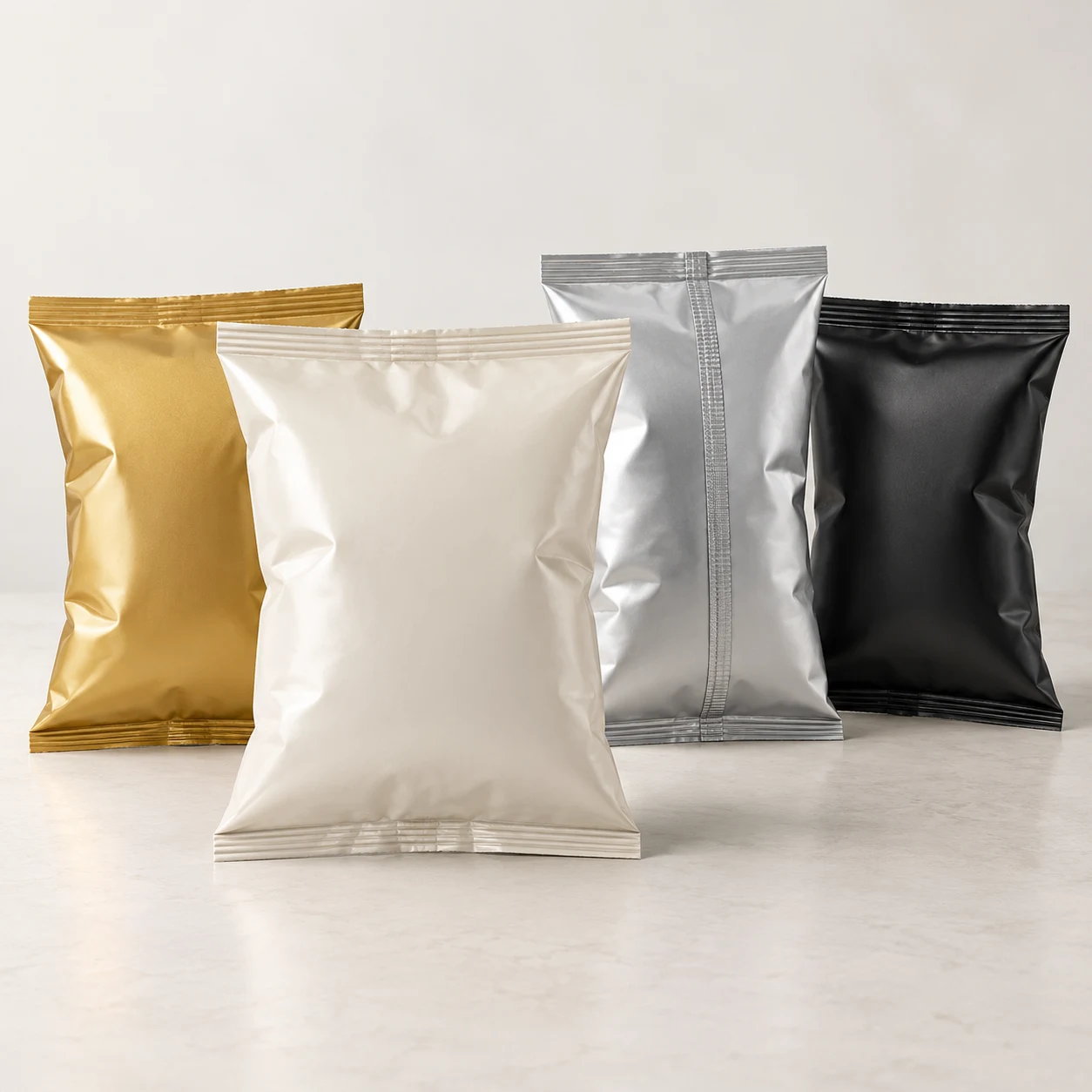 Back-seal pouches in gold, pearl white, silver foil and matt black finishes
