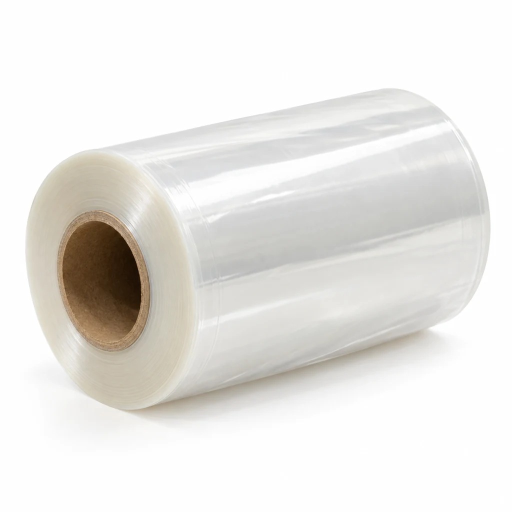 Roll of clear PLA and PBAT biodegradable film seen from the end