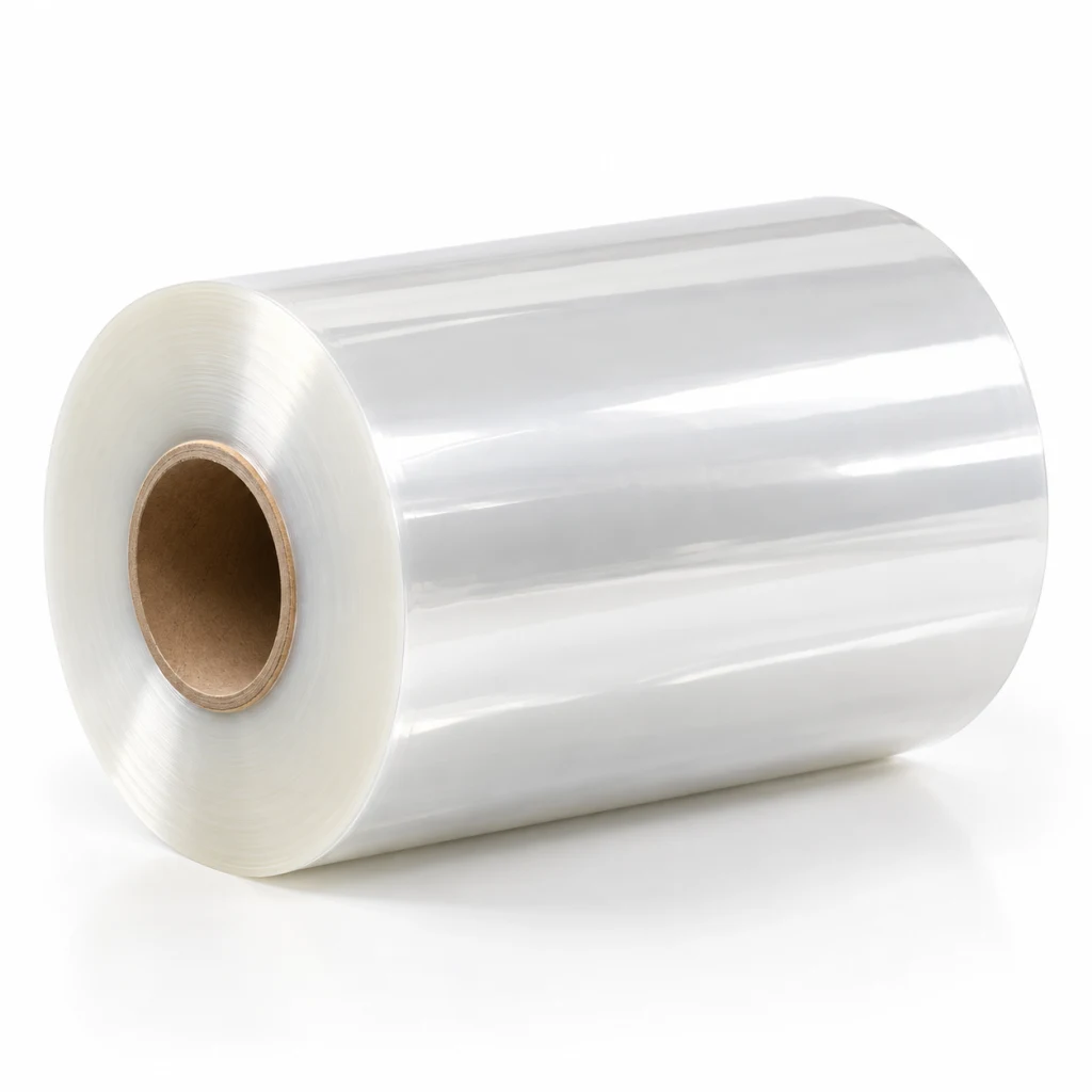 Roll of clear BOPP film standing on its core, seen from the end