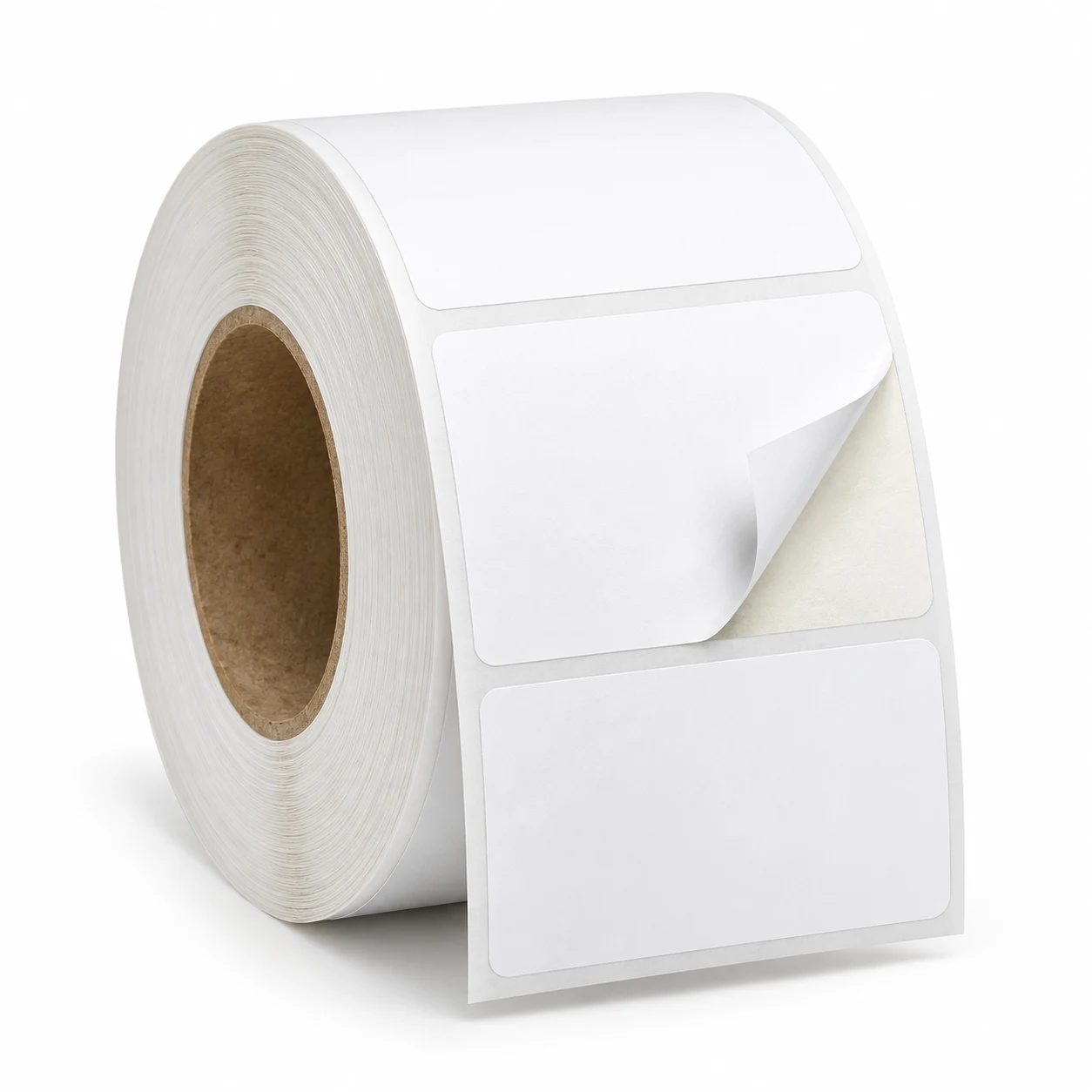 Roll of blank white coated paper labels, one label peeled back off the liner