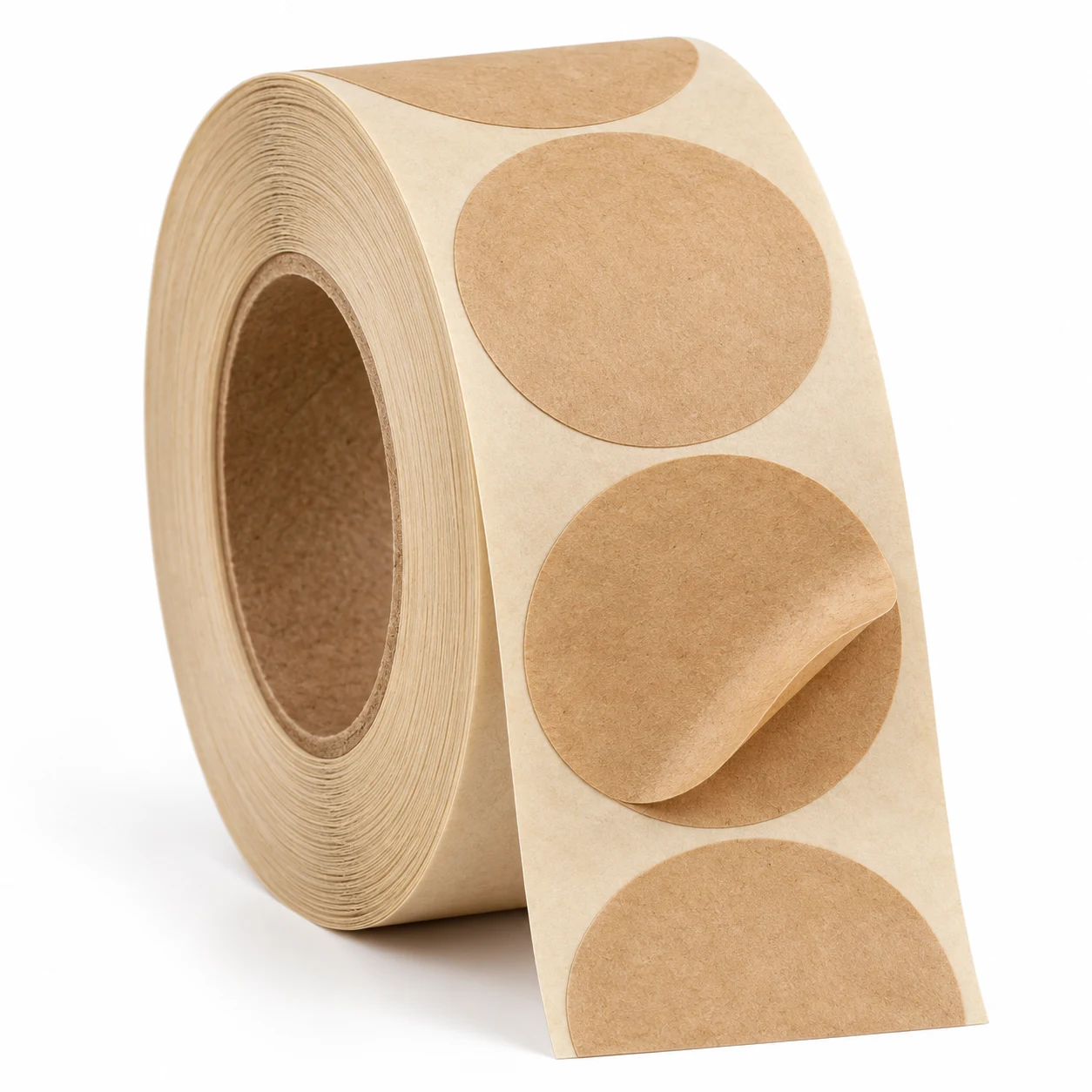 Roll of round kraft paper labels in uncoated brown, partly unwound