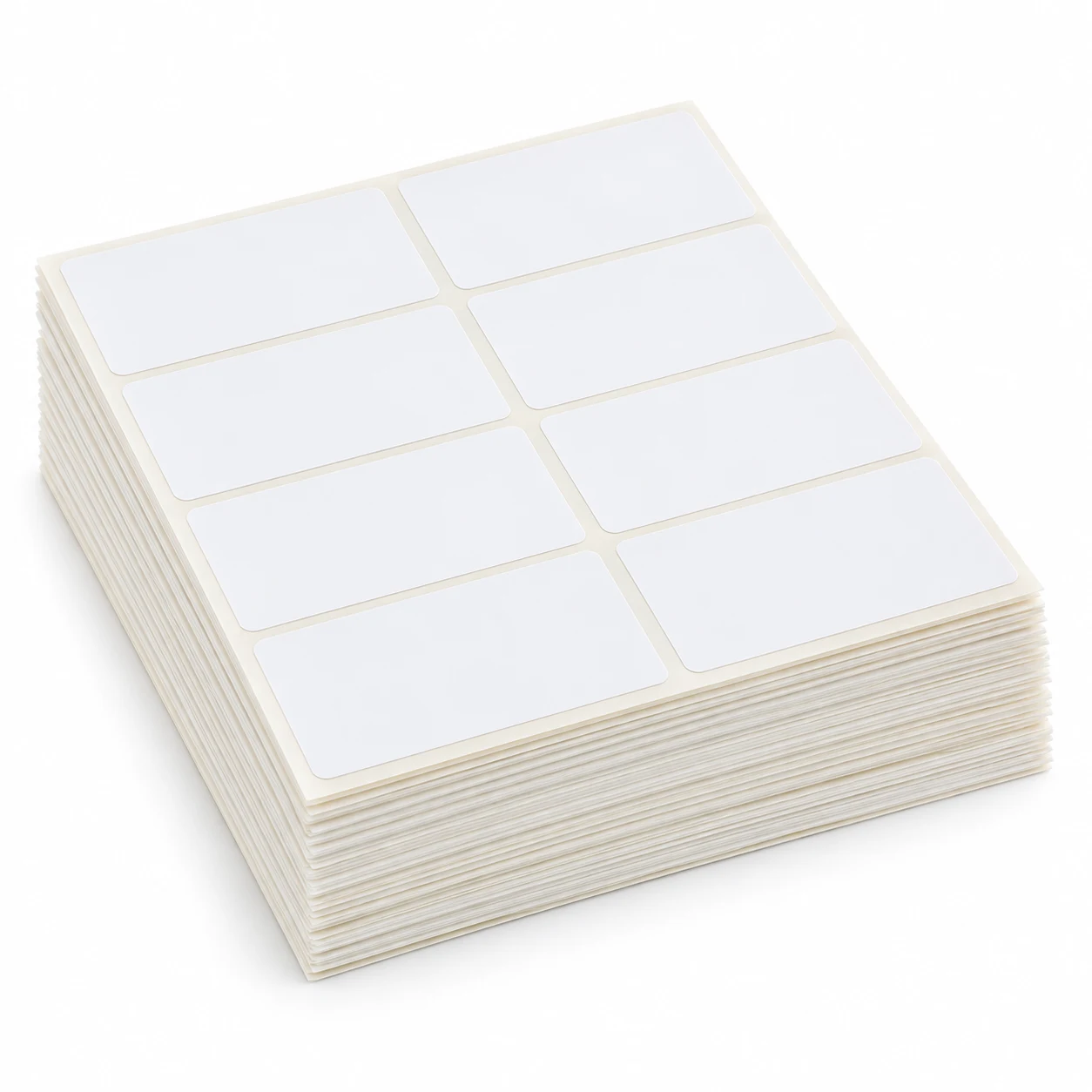 Stack of blank white rectangular paper label sheets, two labels across