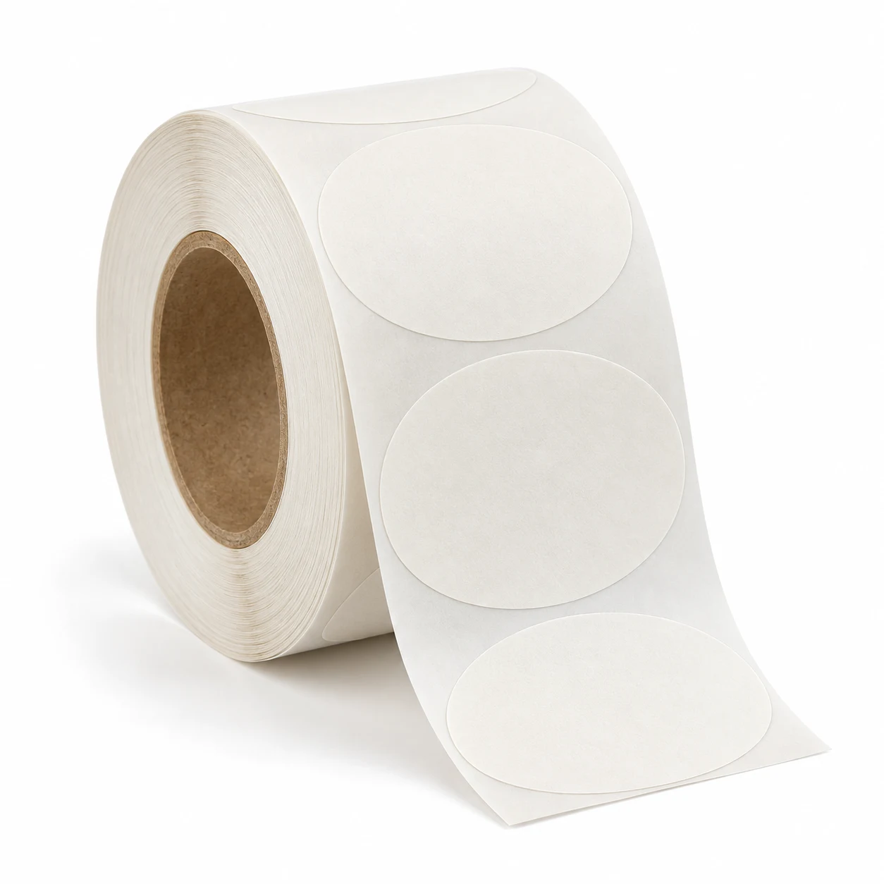 Roll of round white coated paper labels feeding off the reel