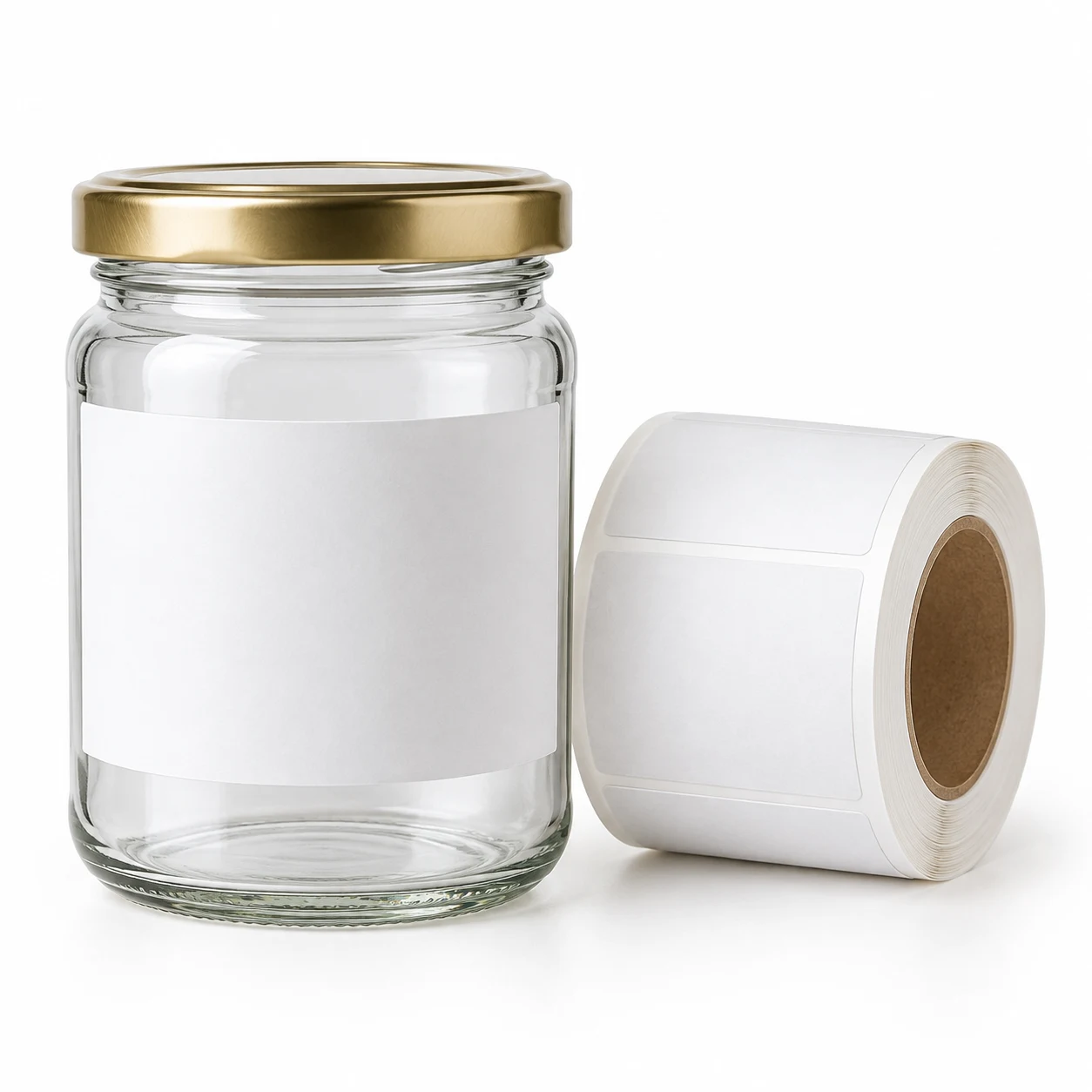 Glass jar with a blank white paper label applied, beside a roll of the same label