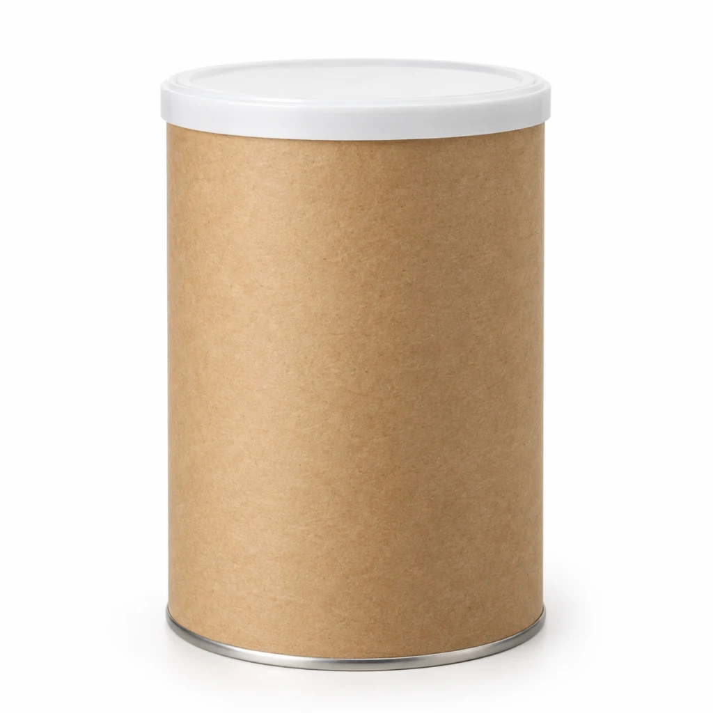 Kraft composite paper can with a white plastic lid