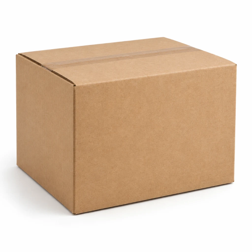 Plain kraft corrugated carton, taped and closed, seen from the front corner