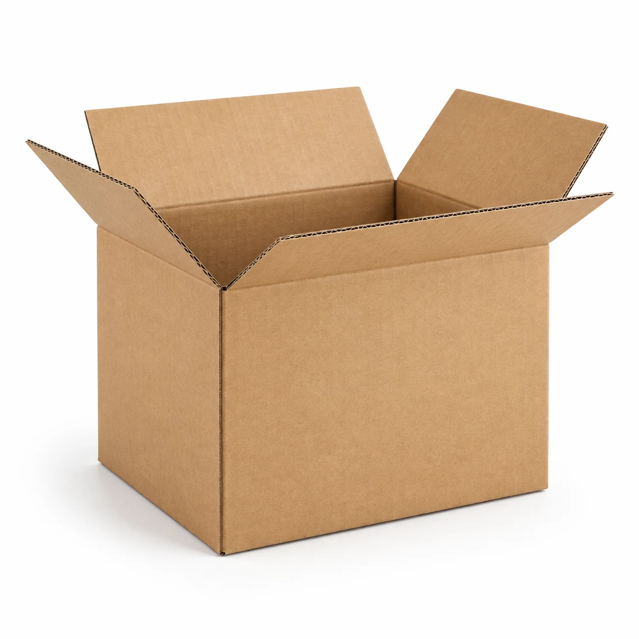 Corrugated carton with the top flaps open, showing the fluting in the wall