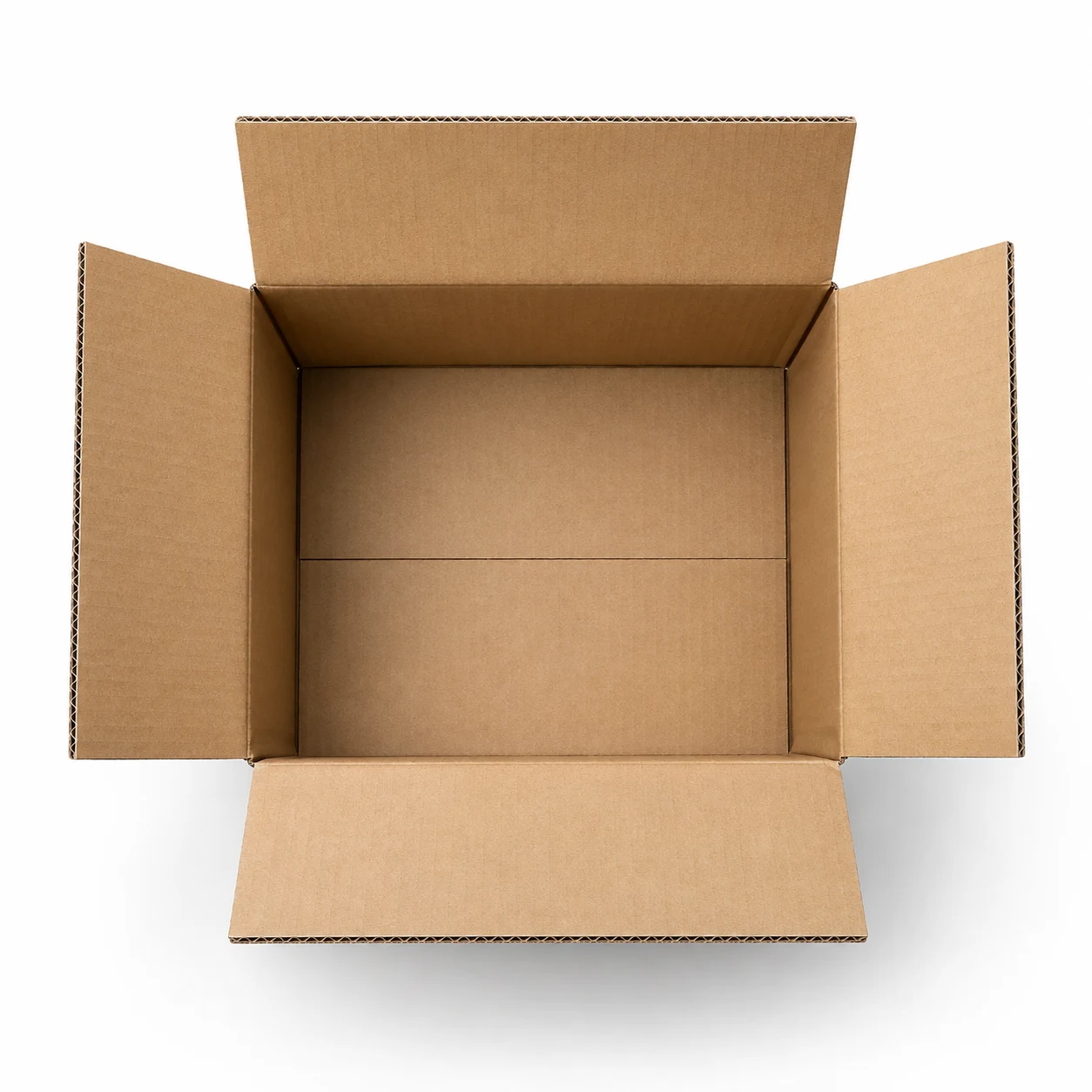 Corrugated carton with all four flaps open, seen from above