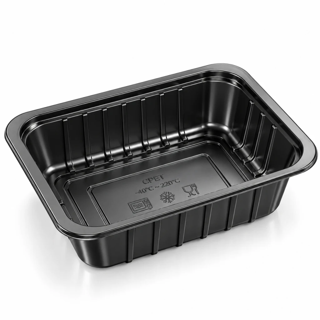 Black CPET oven tray, empty, with the oven-safe marks moulded into the base