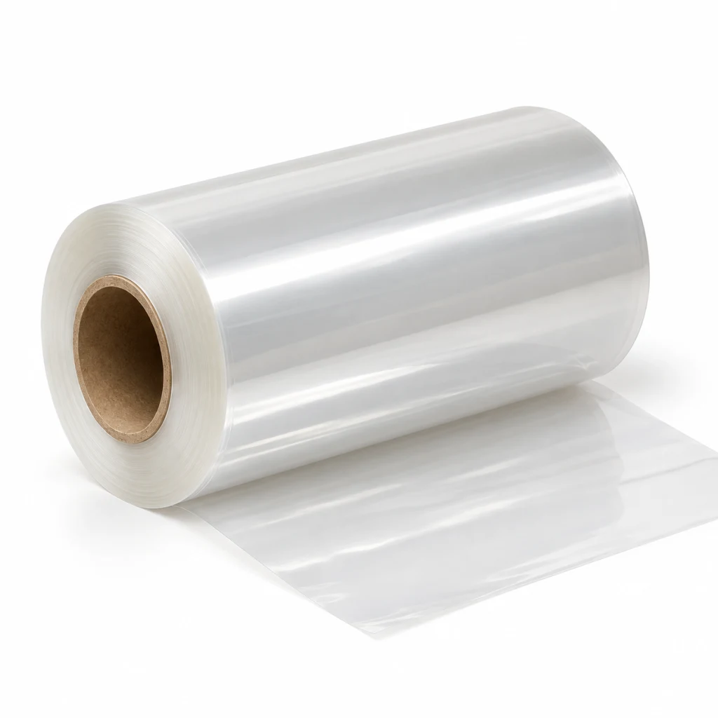 Roll of clear CPP film with a length of film unwound in front of it