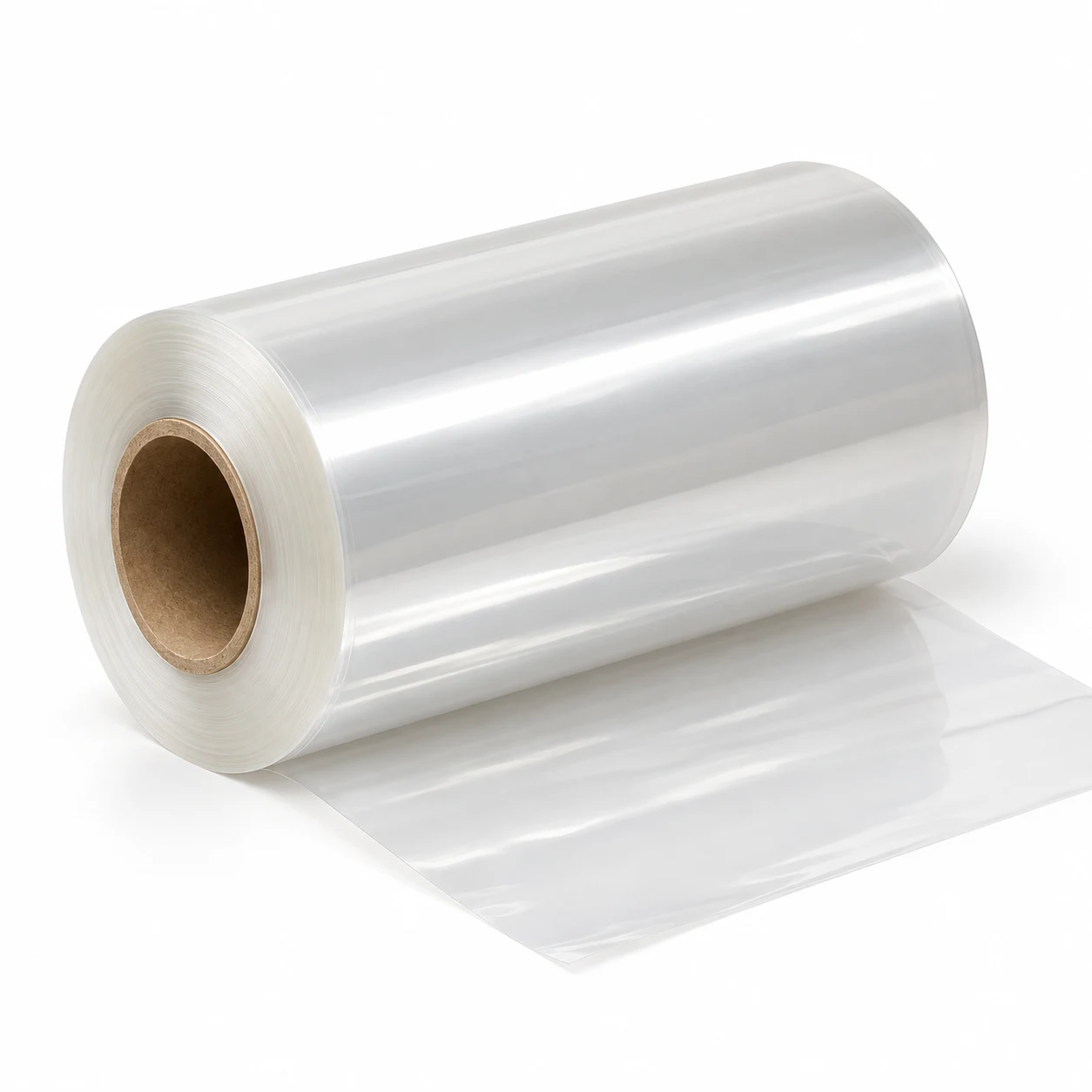 Roll of clear CPP film with a length of film unwound in front of it