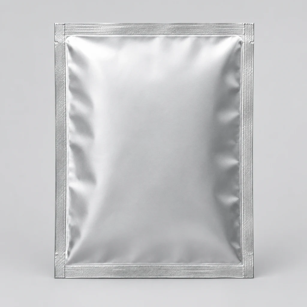 Four-side-seal pouch in silver foil, flat and unfilled, seen from the front