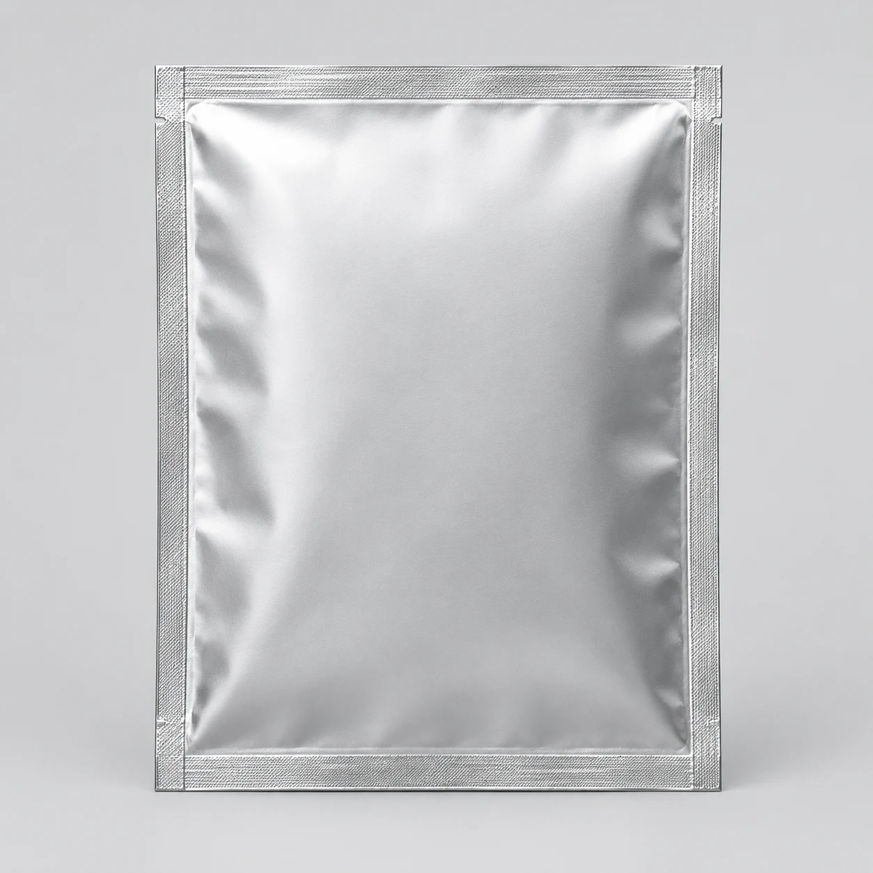 Four-side-seal pouch in silver foil, flat and unfilled, seen from the front