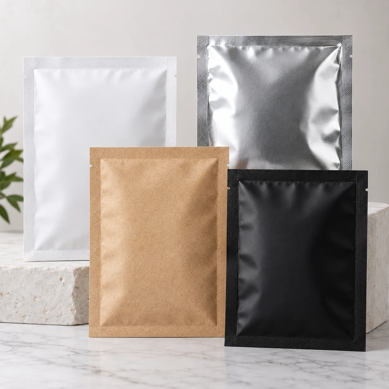 Four-side-seal pouches in white, kraft paper, matt black and silver foil