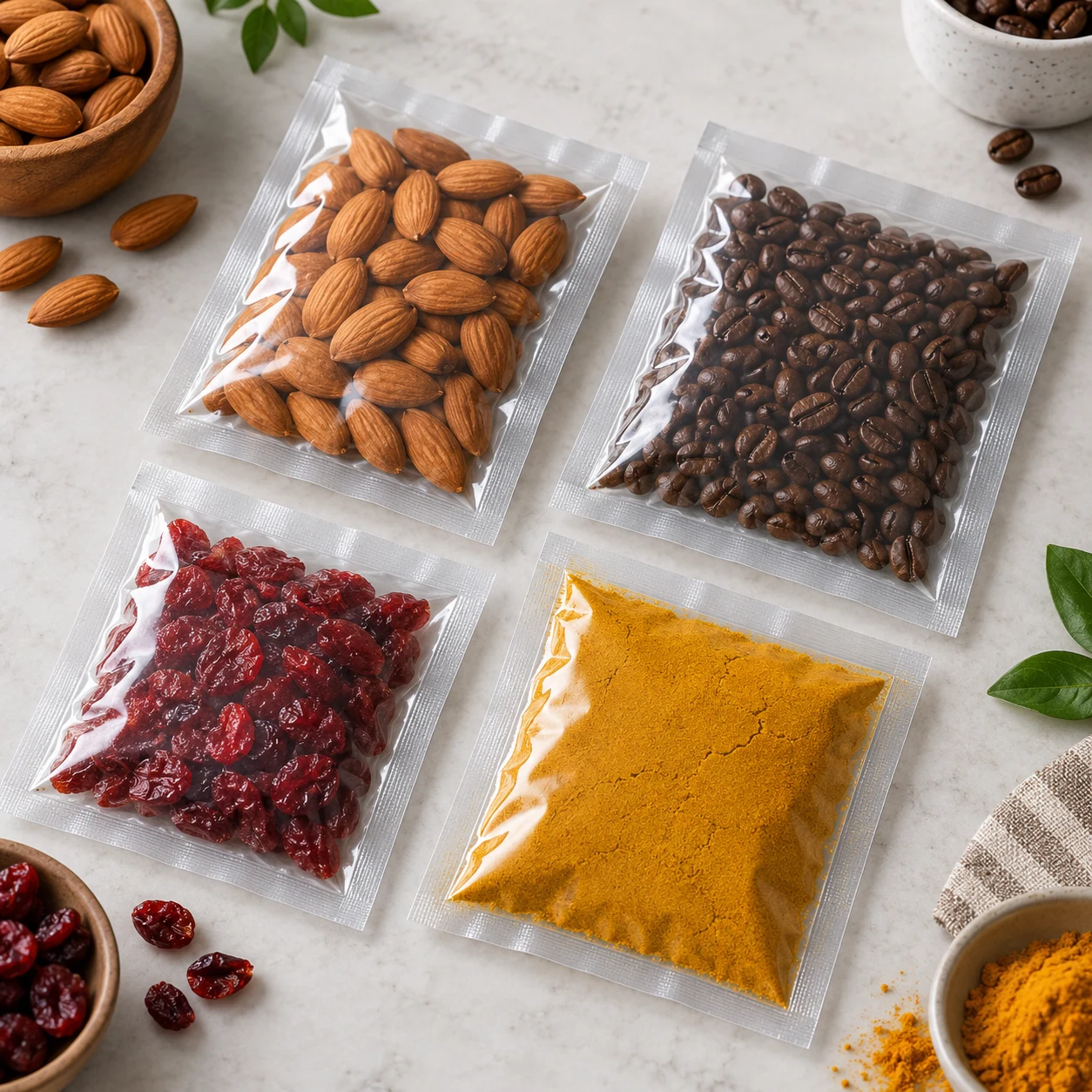Clear four-side-seal sachets filled with almonds, coffee beans, dried cranberries and turmeric