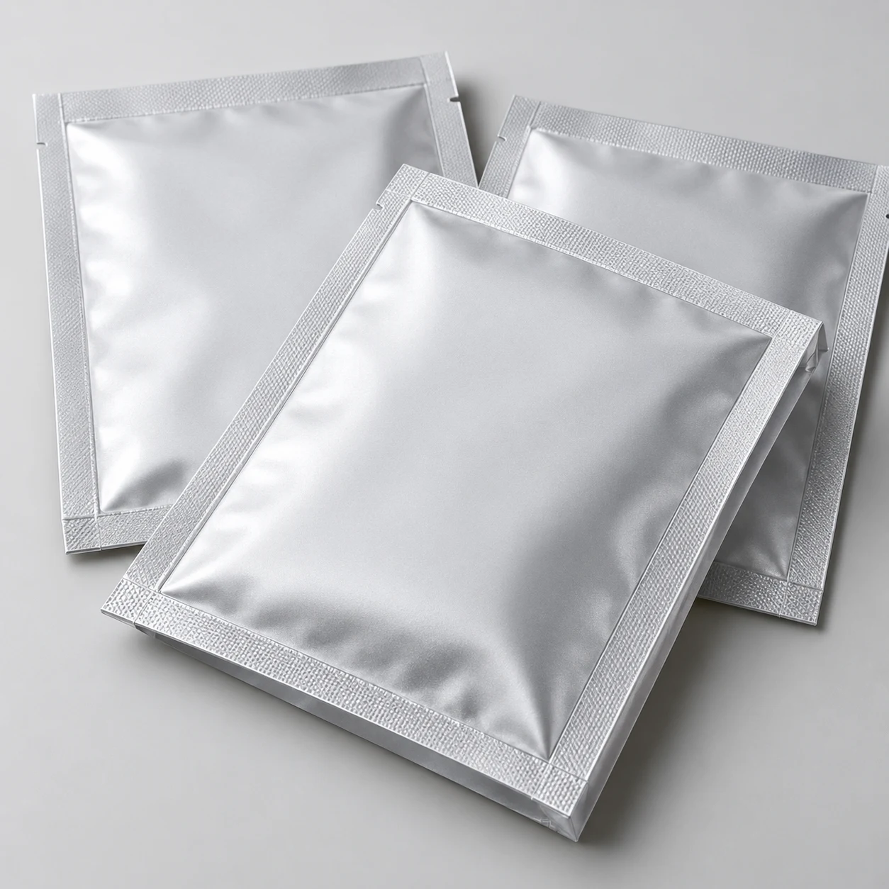 Three silver four-side-seal pouches overlapping, showing the seal on all four edges