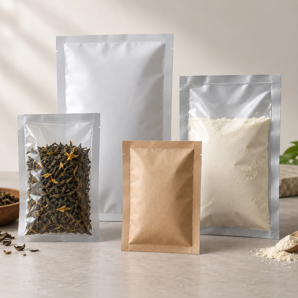 Four-side-seal pouches in four sizes, two of them filled with tea and milk powder