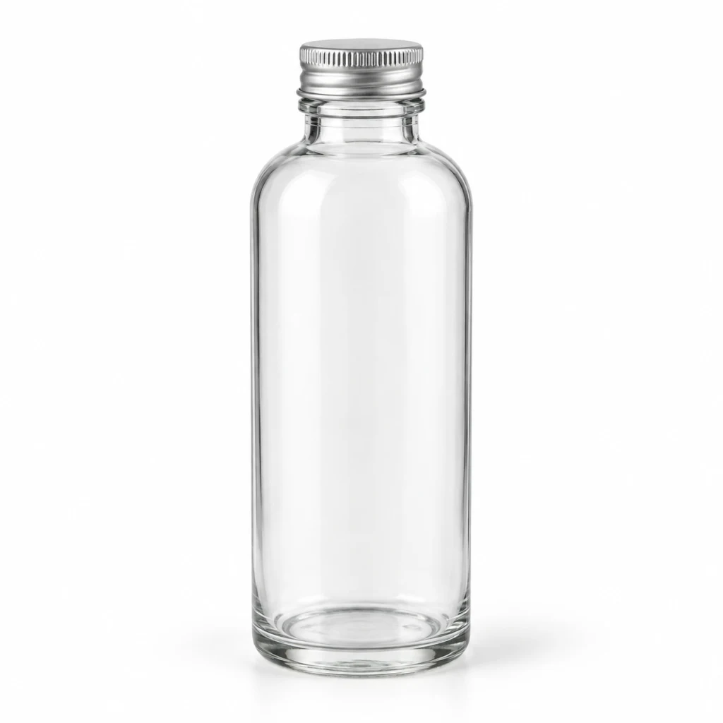 Clear glass bottle with an aluminium screw cap, empty and unlabelled