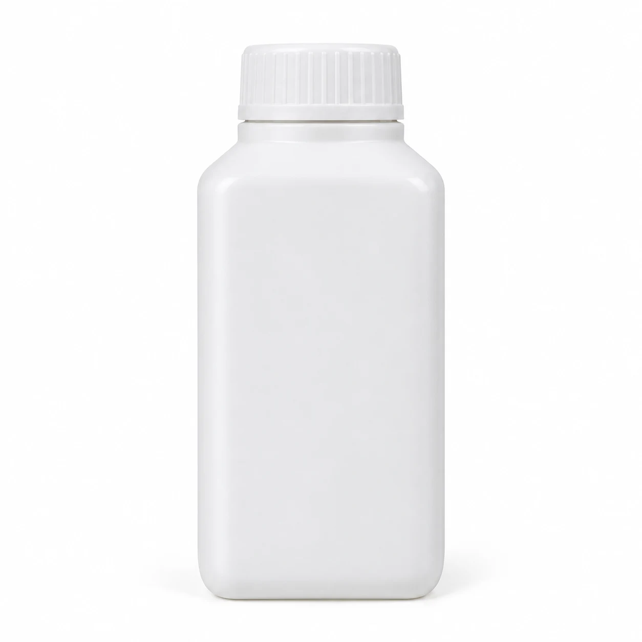 Square white HDPE bottle with a white screw cap, empty and unlabelled