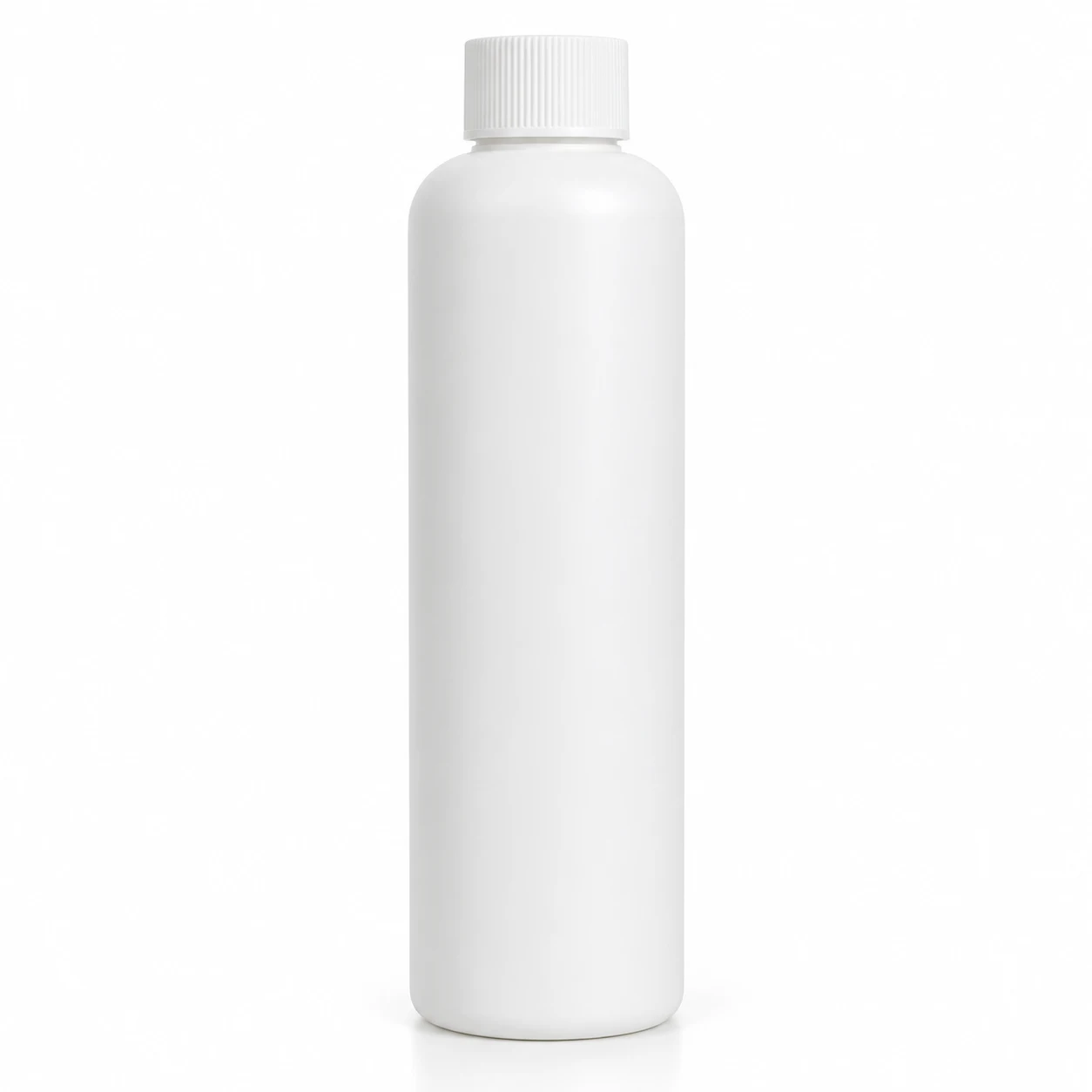 Tall narrow white HDPE bottle with a small screw cap