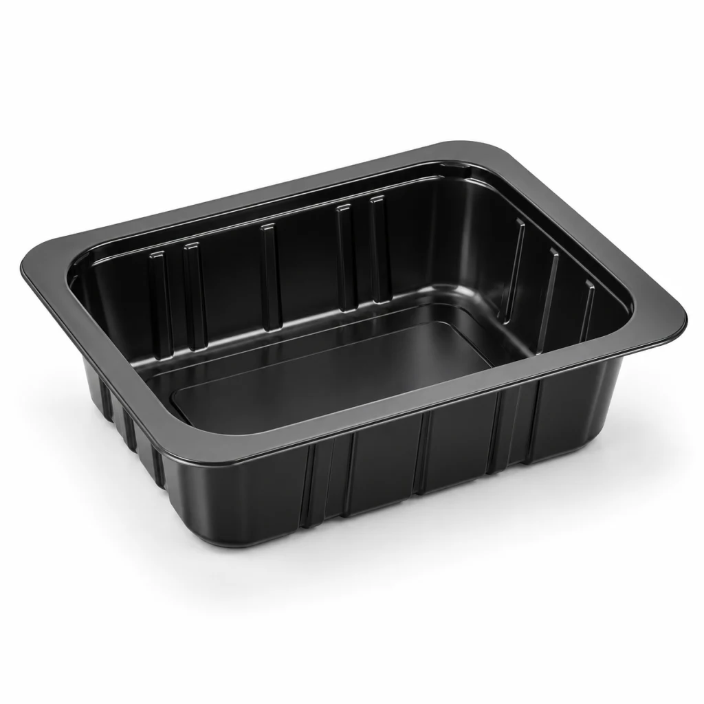 Black modified-atmosphere tray, empty, with a flange for lidding film