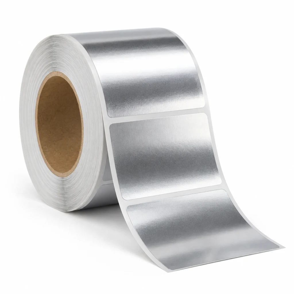 Roll of silver metallic foil labels unwound to show the mirror finish