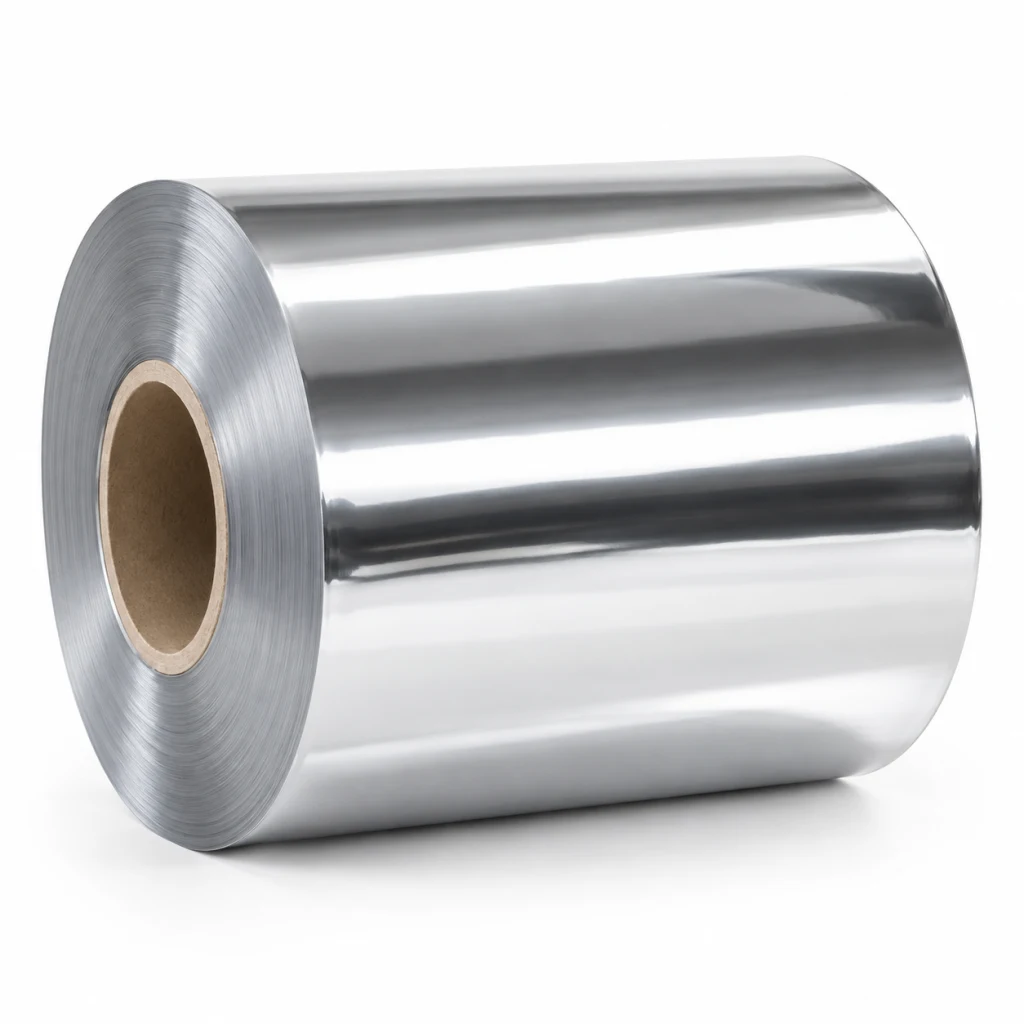 Roll of VMPET metallized film with a mirror-silver surface, seen from the end