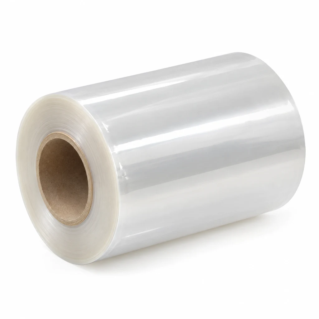Roll of clear nylon film seen from the end, showing the paper core