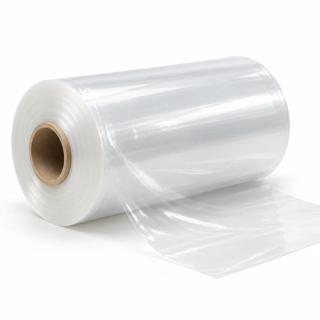 Roll of clear PE film with a length of film unwound in front of it