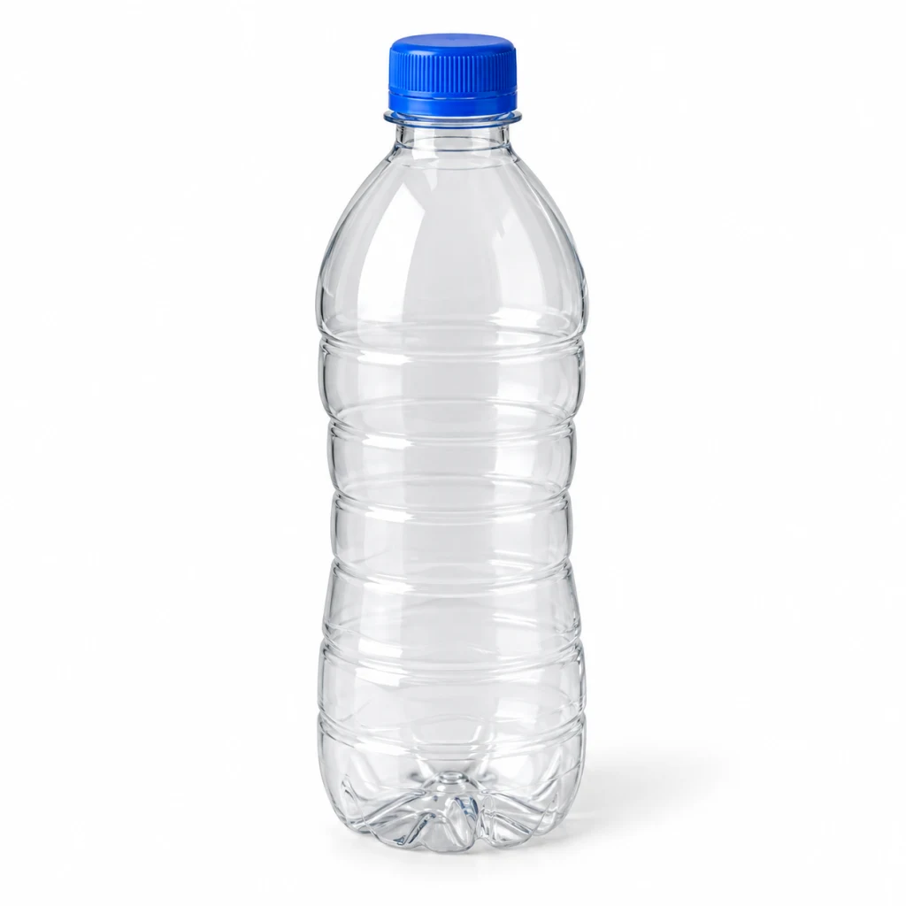 Clear ribbed PET water bottle with a blue screw cap, empty and unlabelled