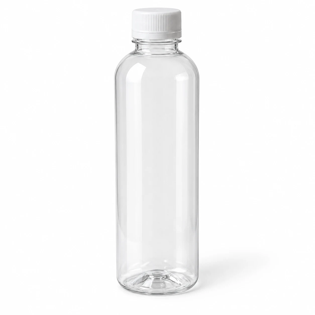 Clear round PET bottle with a white screw cap, smooth walled and unlabelled