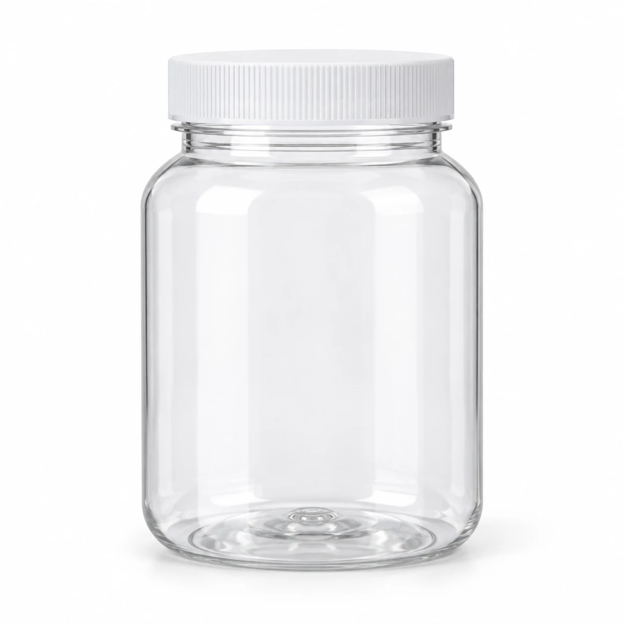 Wide-mouth clear PET jar with a white screw lid, empty and unlabelled