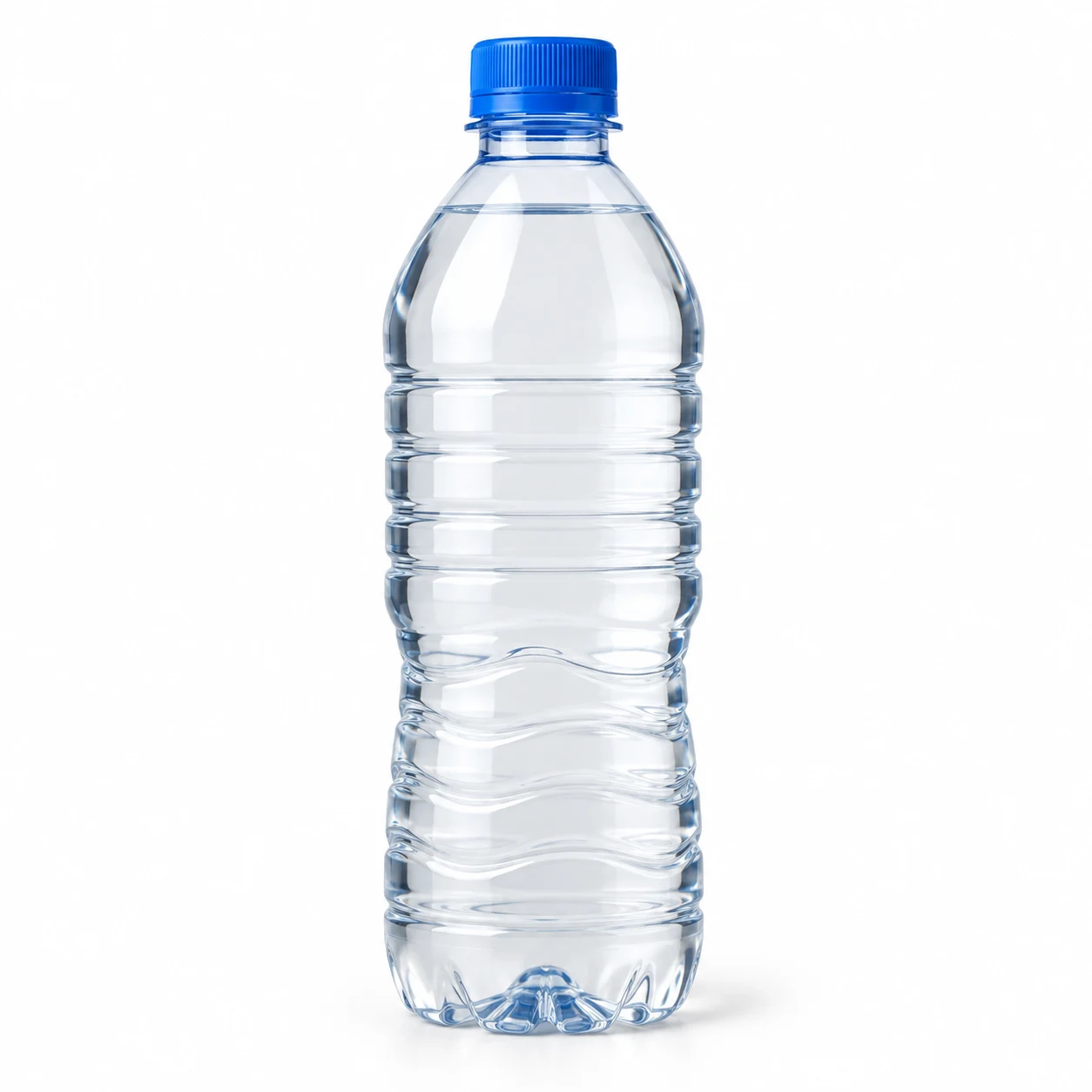 Clear PET bottle filled with water, capped in blue, seen from the front