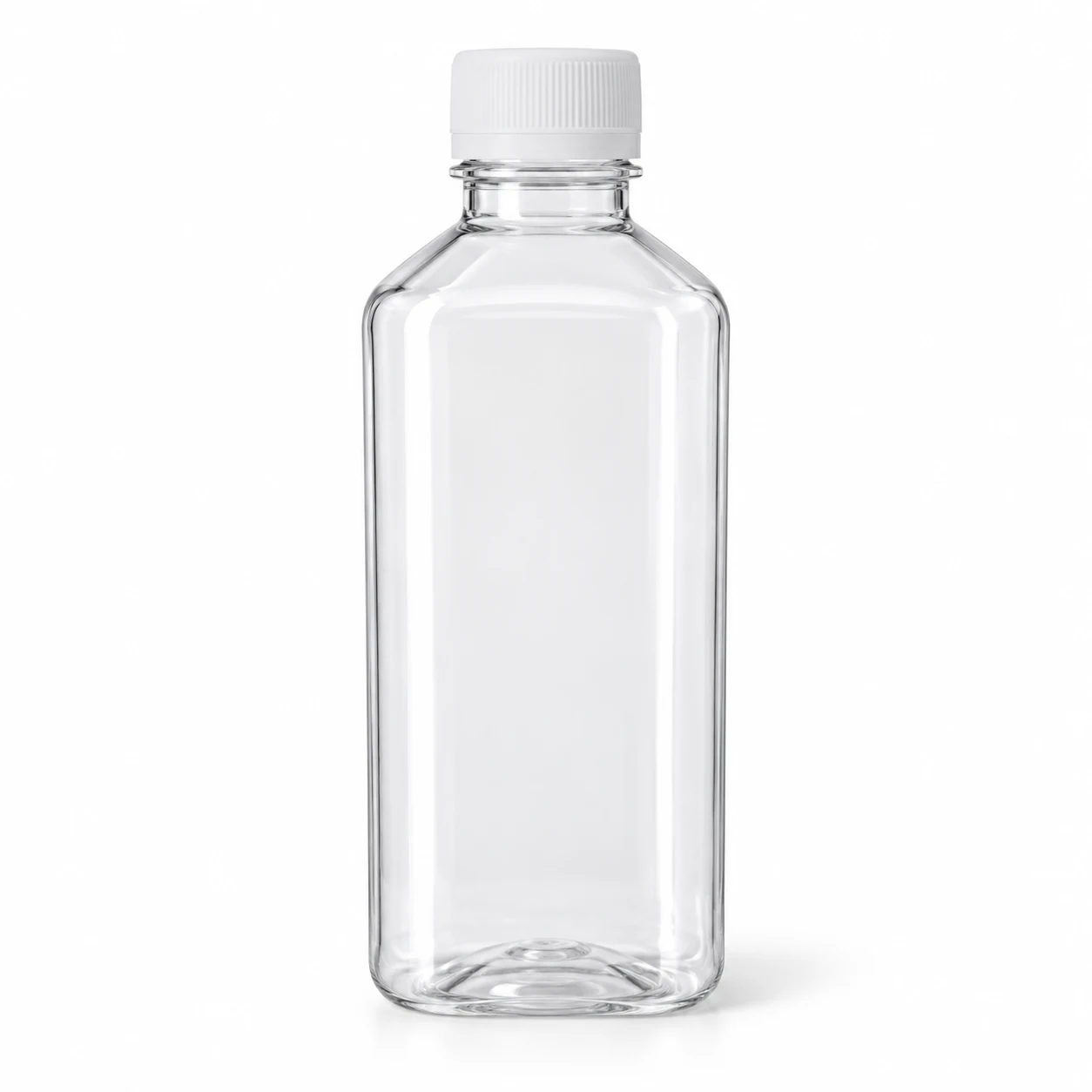 Square-shouldered clear PET bottle with a white cap, empty and unlabelled