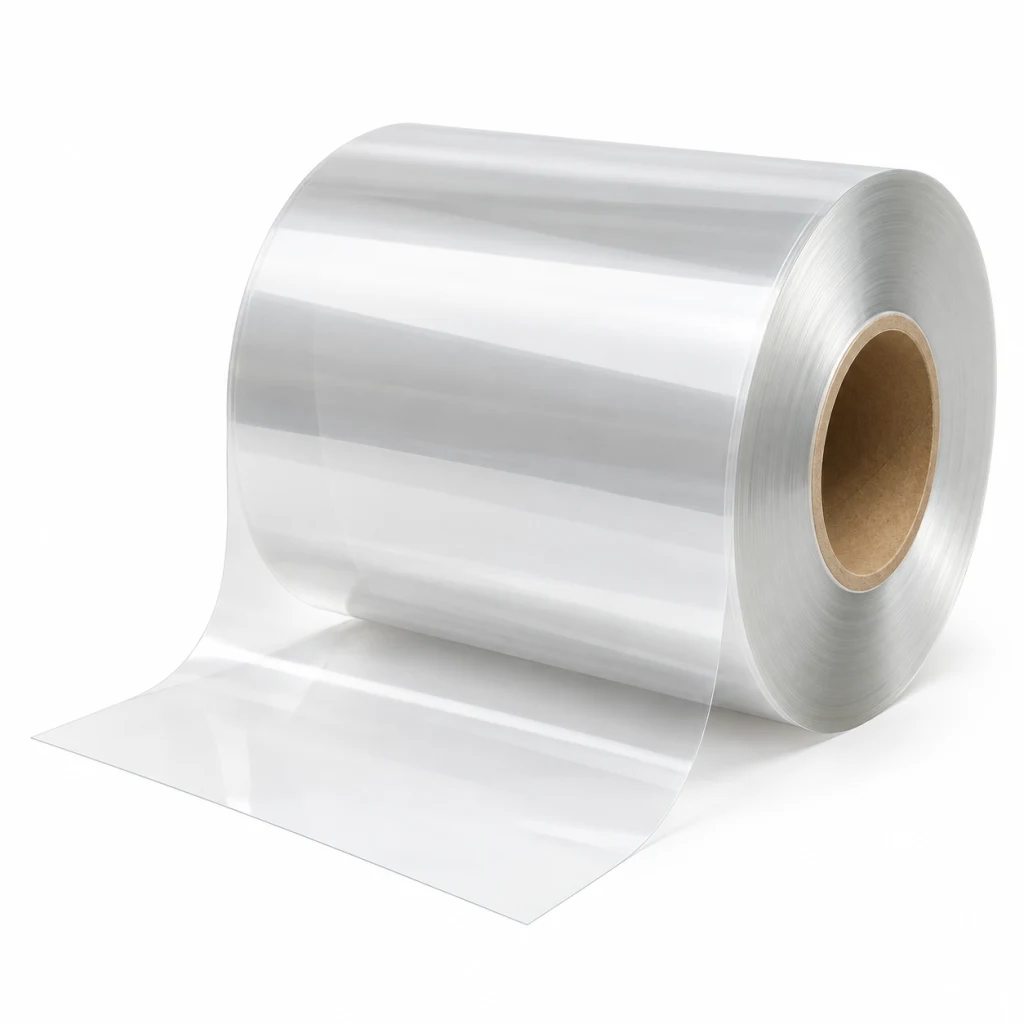 Roll of clear PET film with a sheet of film unwound in front of it