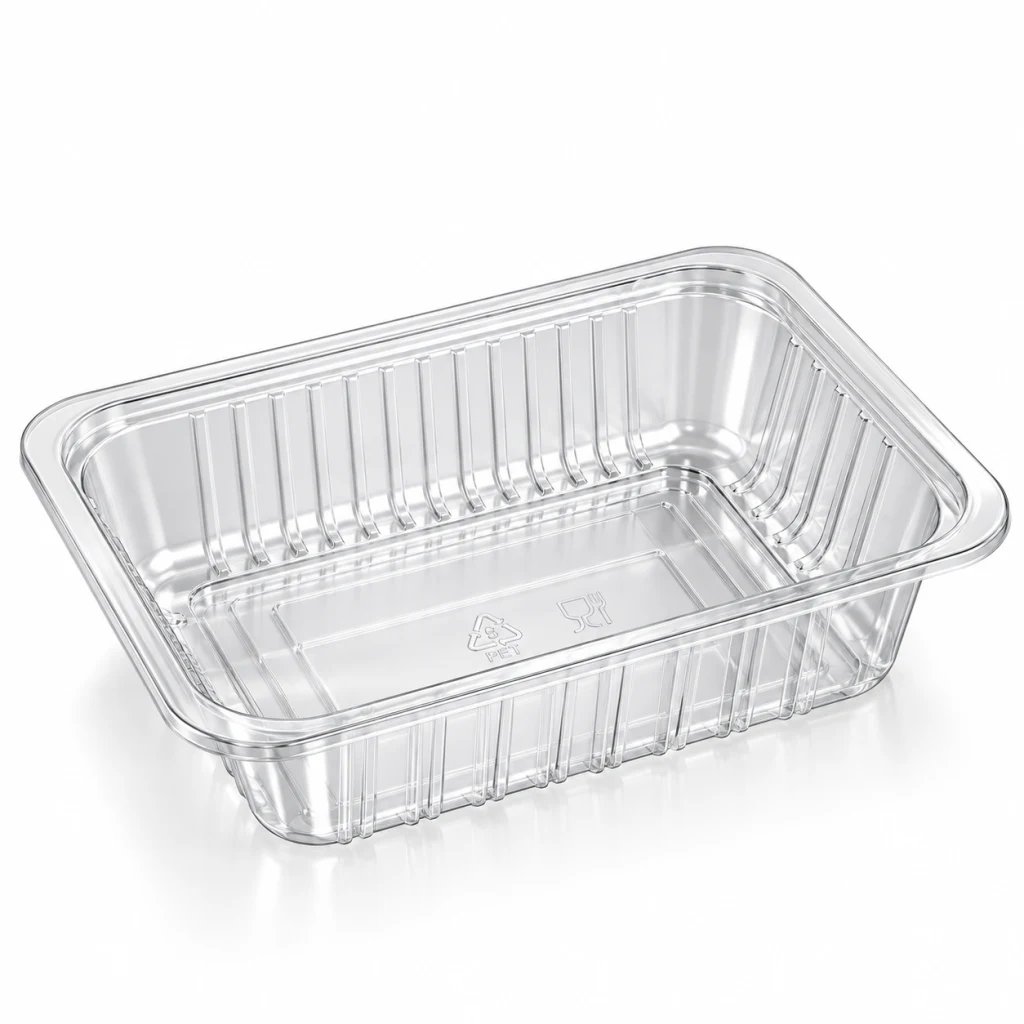 Clear PET food tray, empty, showing the recycling and food-contact marks