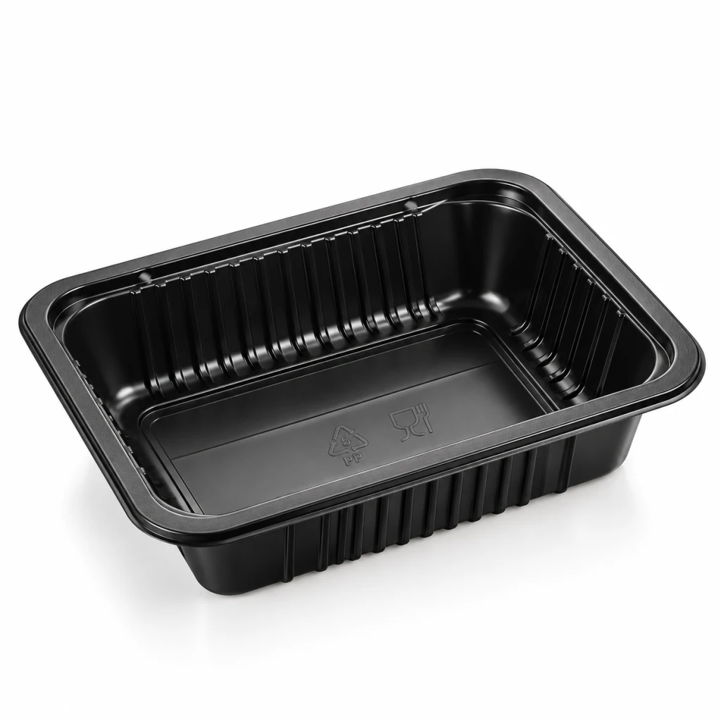 Black PP food tray, empty, with the material mark moulded into the base