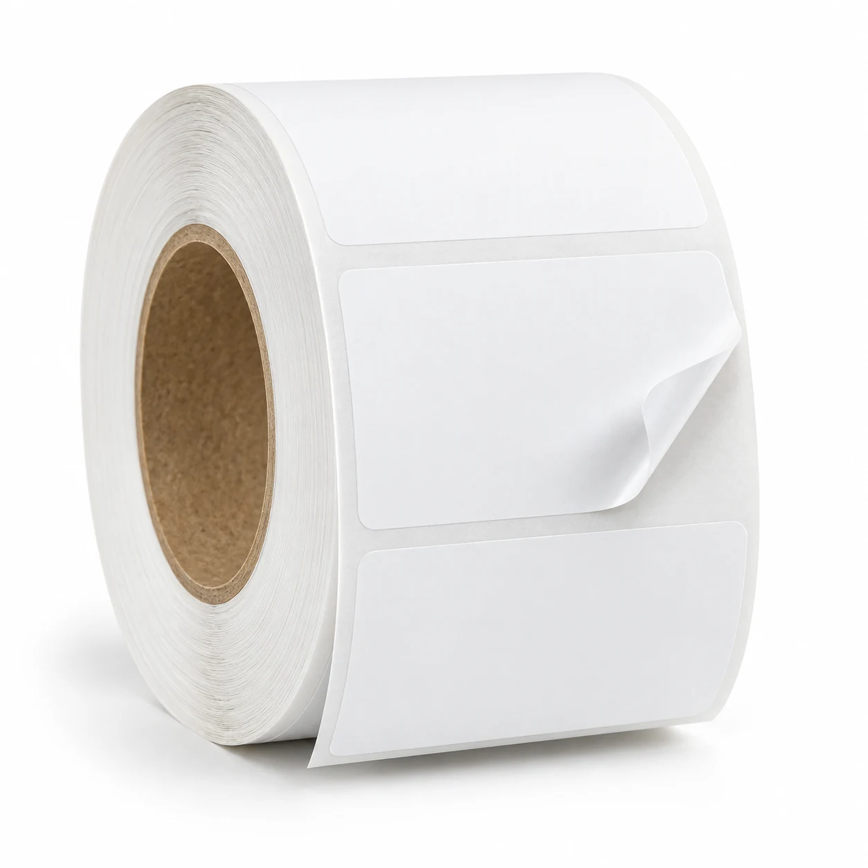 Roll of white removable labels with one label lifting cleanly off the liner