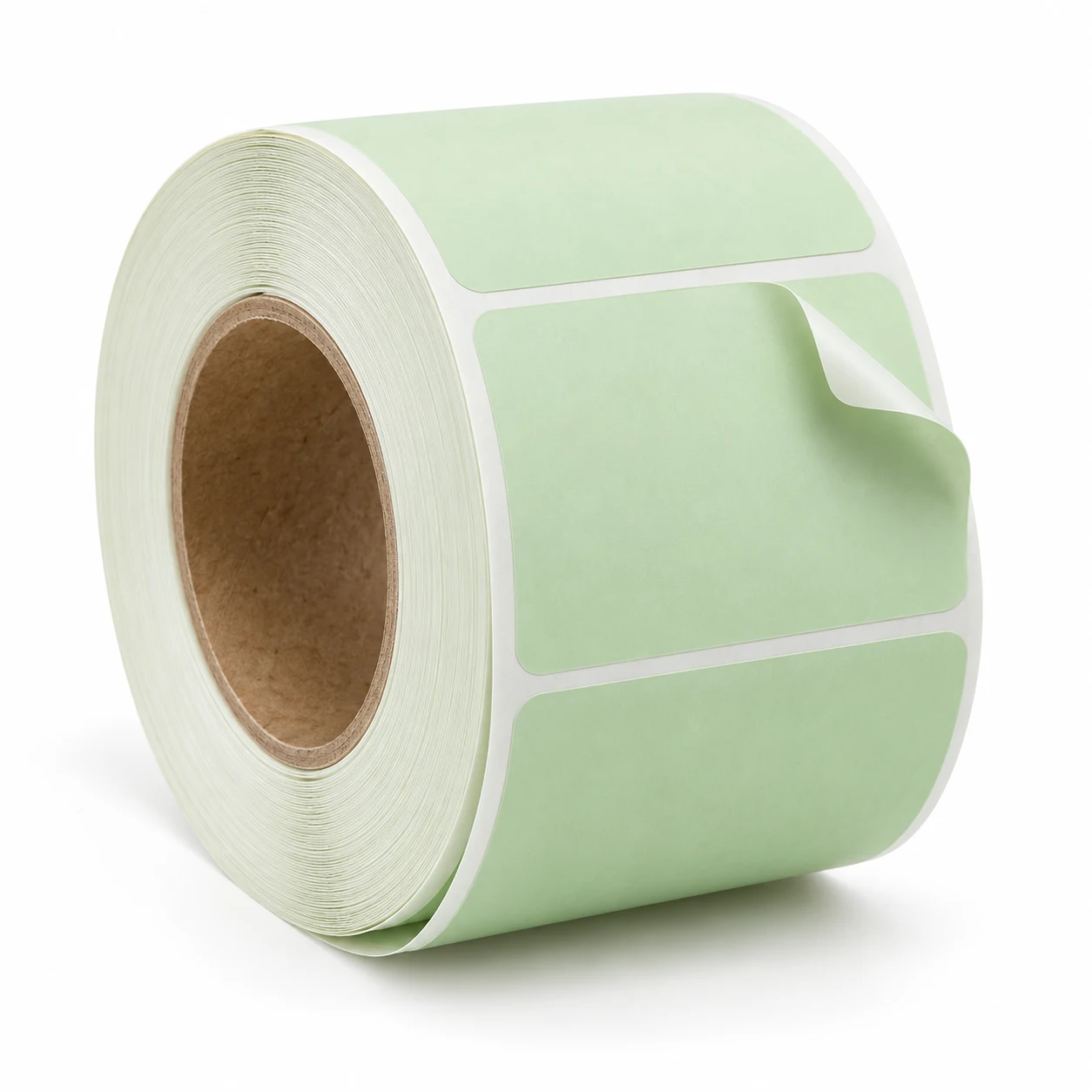 Roll of pale green removable labels with one peeling back at the corner